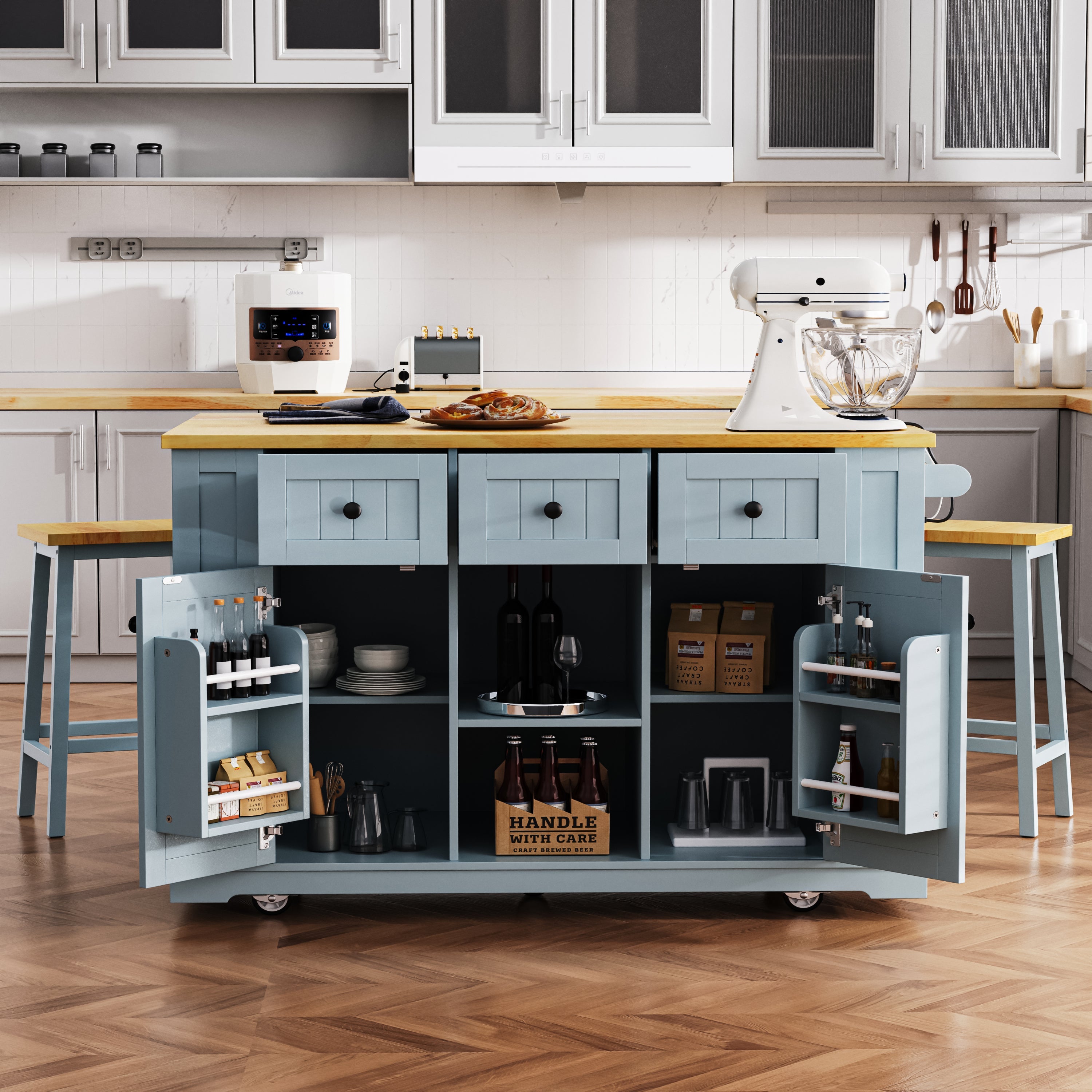 K&K 53inch Large Kitchen Island with Drop Leaf,Power Outlet,Door Internal Storage Rack,Rolling Kitchen Cart on 5 Wheels with 5 Open Side Racks for Kitchen,Black(Two Packages)(Stools not included)