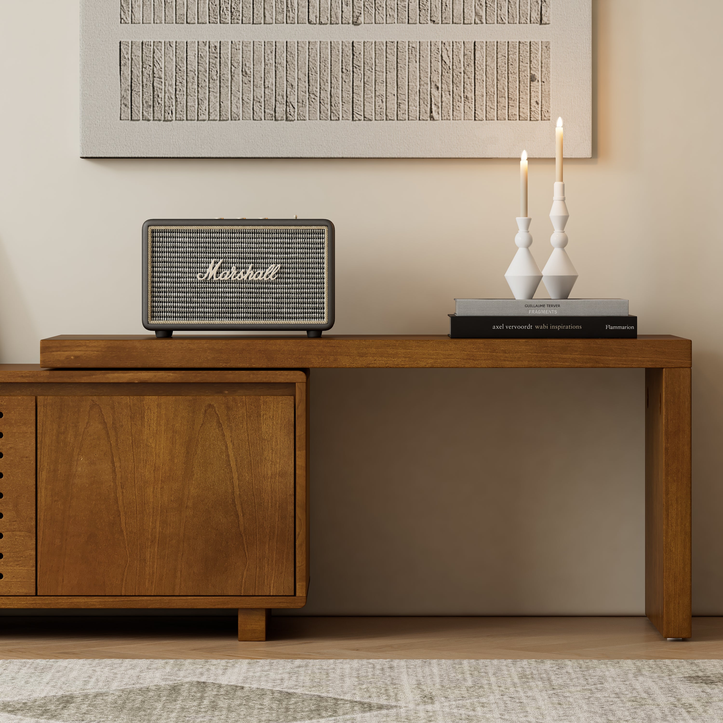 Adjustable panel extendable TV stand close-up