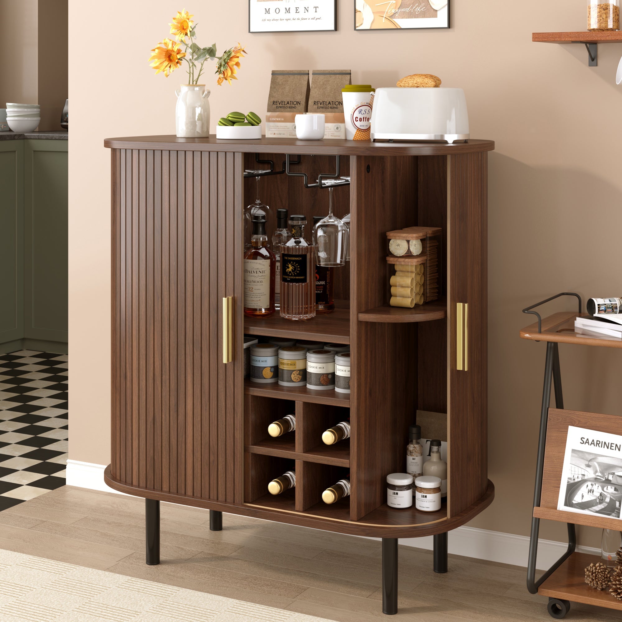 28' Fluted Wine Bar Cabinet with 8-Grid Wine Rack, 5-Level Adjustable Shelves, 2 Glass Holders, Smoothly Sliding Tambour Doors, 4 Hidden Storage Space on the Side, Modern Liquor Coffee Station, Black