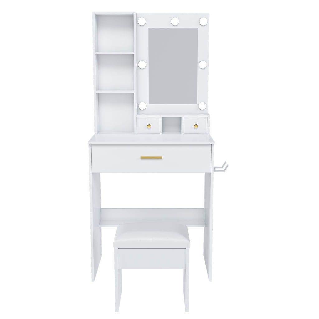 Vanity Table with Mirror, Adjustable LED Lights, Power Outlet, Hairdryer Holder & Stool – Compact Dressing Desk for Small Bedrooms