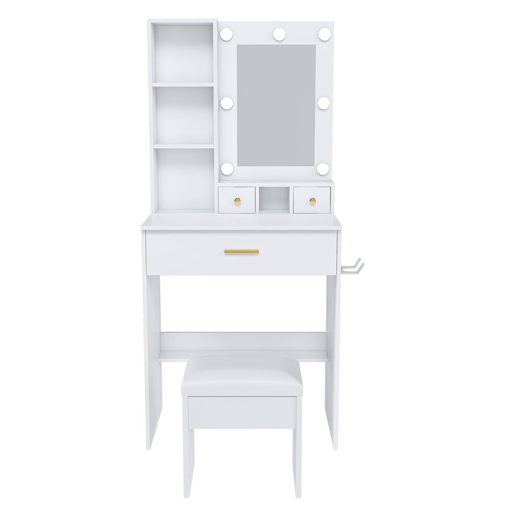 Vanity Table with Mirror, Adjustable LED Lights, Power Outlet, Hairdryer Holder & Stool – Compact Dressing Desk for Small Bedrooms