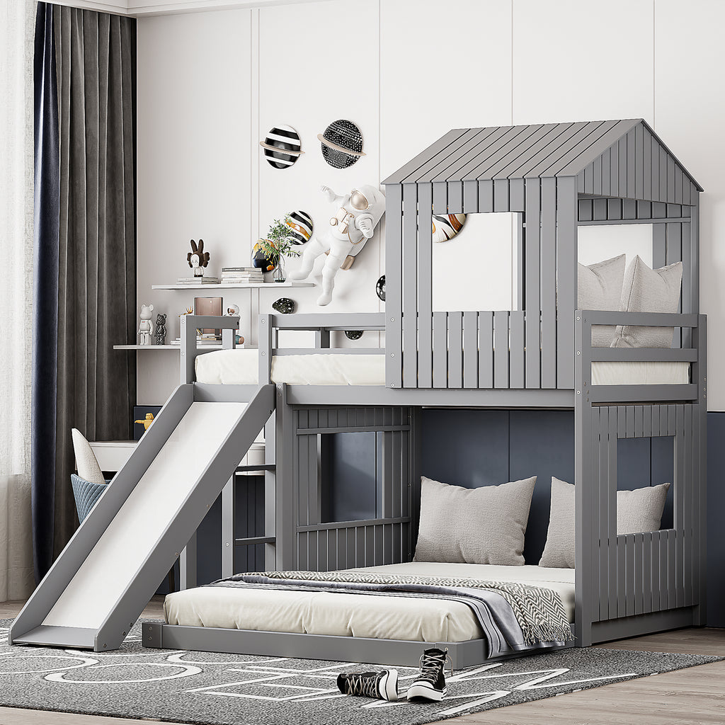 Gray twin over full playhouse bunk bed with slide — front view