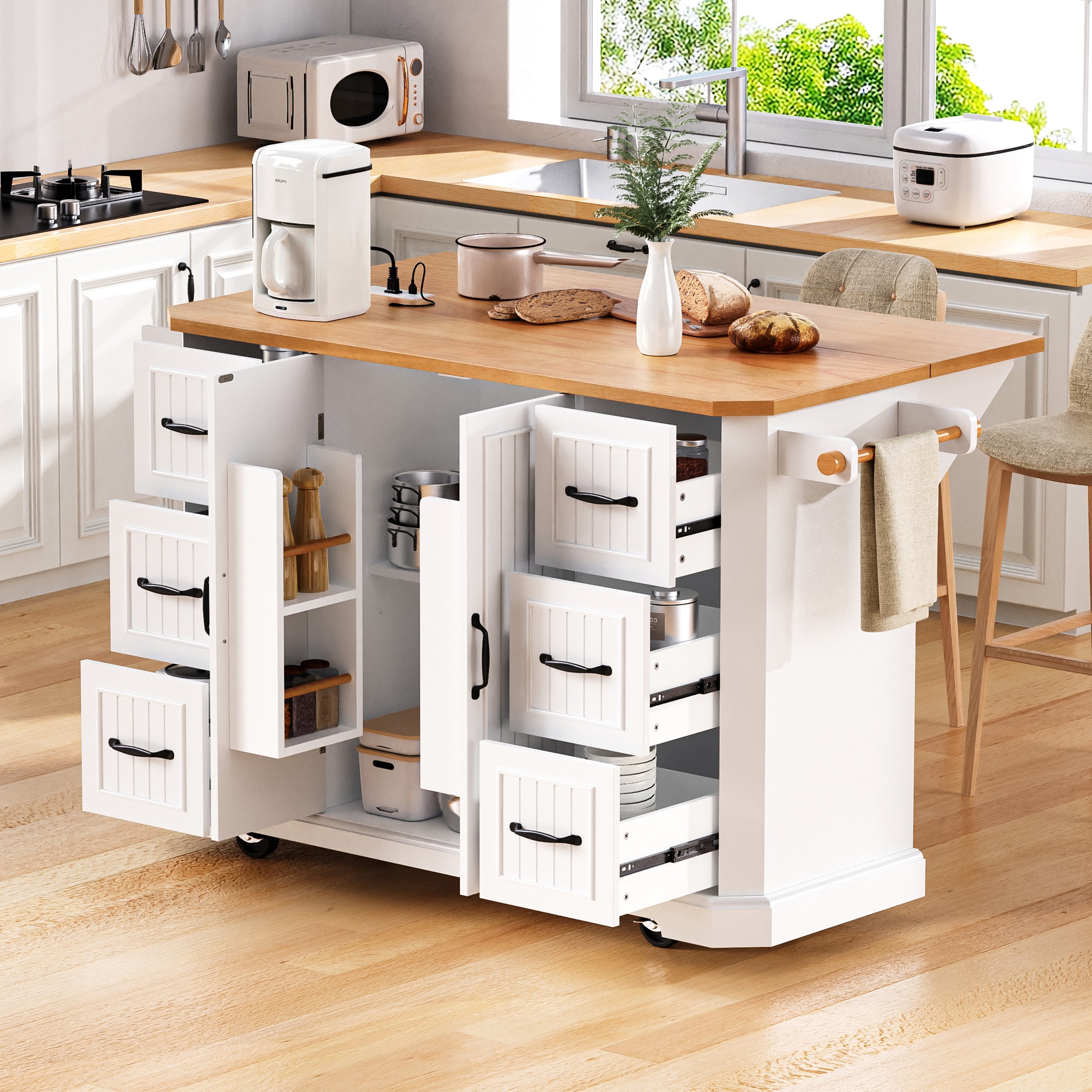 K&K 56 inch Kitchen Island with Rubber Wood Veneer Drop Leaf, Power Outlet, 4 Door Shelves, Embossed Vertical Stripe Rolling Kitchen Cart on 4 Wheels with 6 Deep Drawers for Kitchen, Dining Room,Black