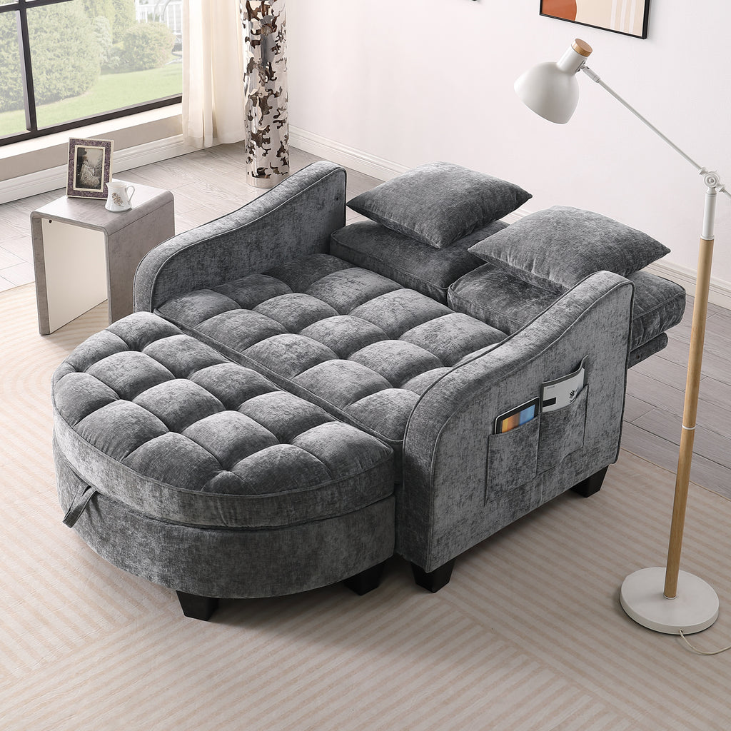 Grey 2-seater sofa with irregular curved armrests — angle view