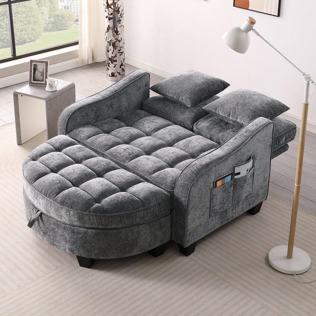 Corduroy 2-Seater Sofa Chaise — Storage Footrest & 2 Pillows, 42.7" Wide