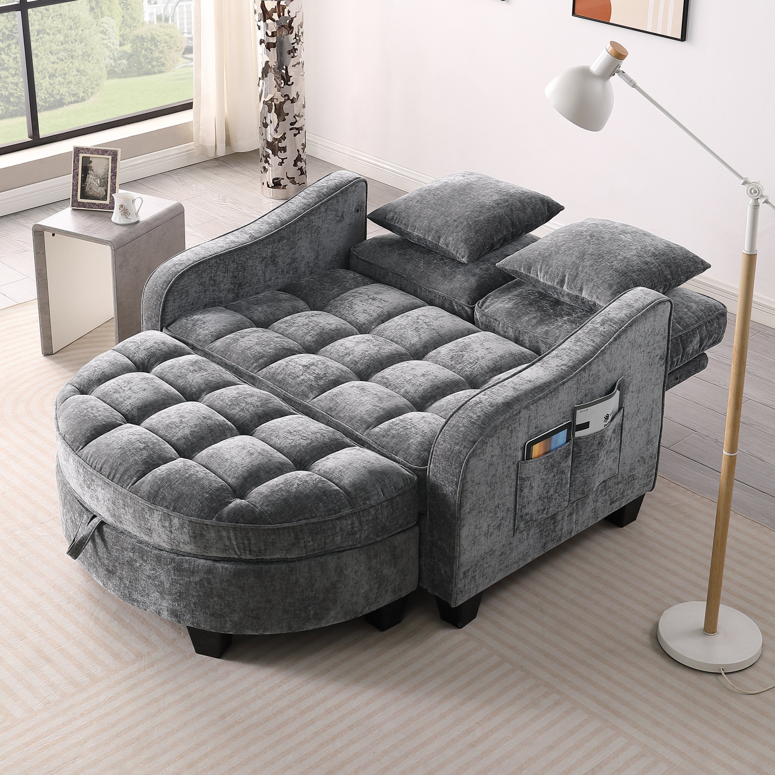 Corduroy 2-Seater Sofa Chaise — Storage Footrest & 2 Pillows, 42.7" Wide