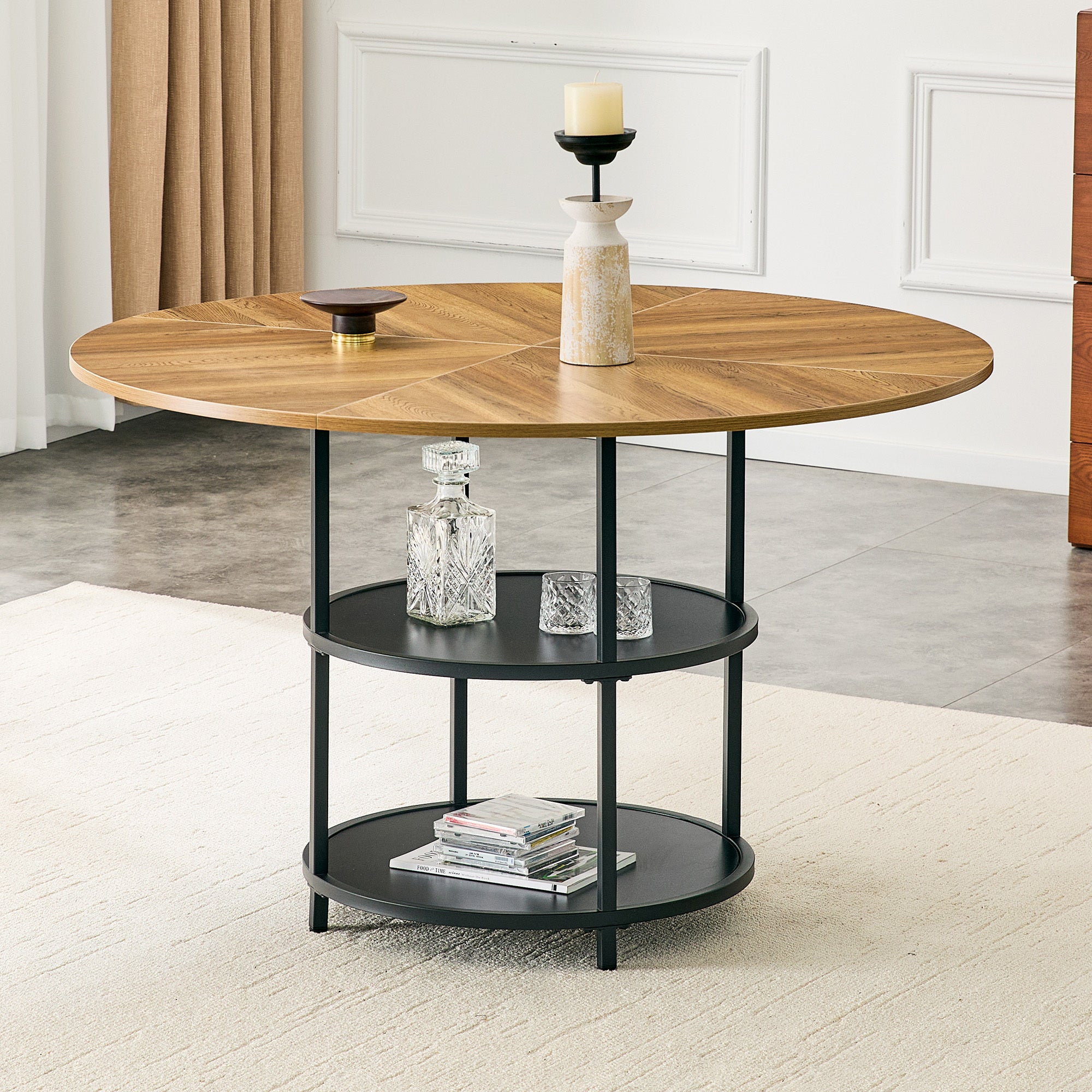 47.3-inch diameter modern splicing circular dining table - double-layer storage, wood and black fan-shaped diagonal color matching design, interpreting home aesthetics and practicality.