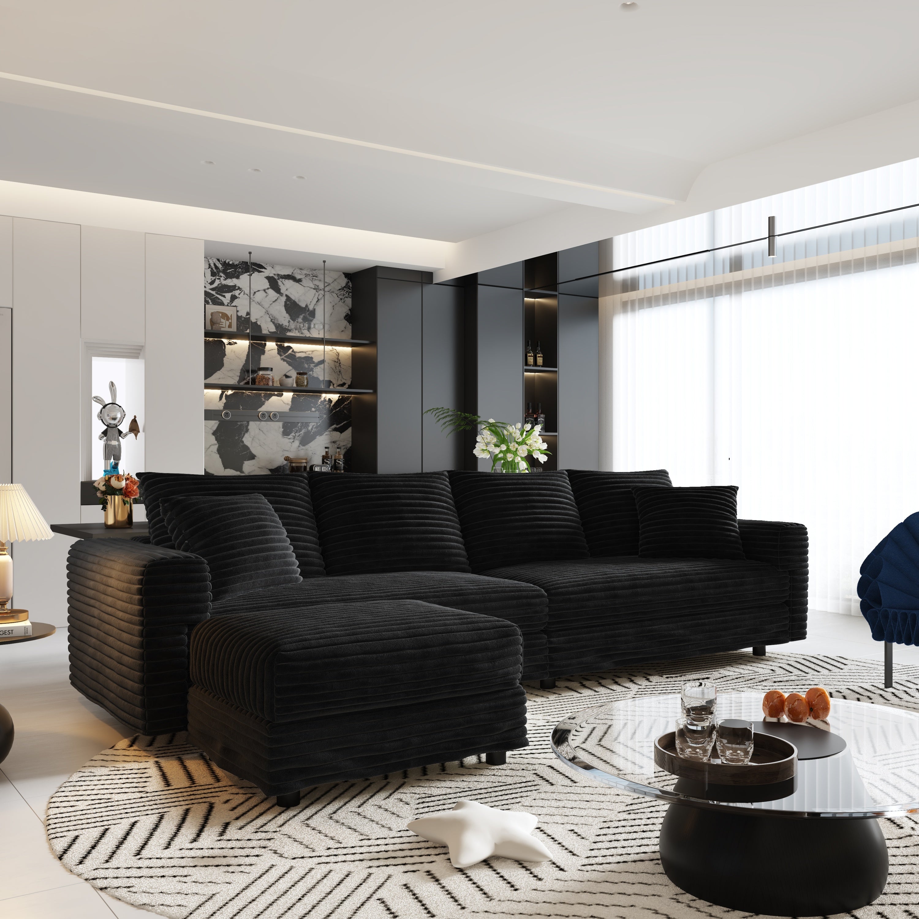 102.4 'Plush Corduroy 4-Seat Sofa,Modern Comfy Upholstered Sofa Cloud Couch,Deep Seat Couches with Soft Pillows and 3 Ottomans,Convertible Sofa Lounge Chair,Black(Old SKU:W1885S00287)