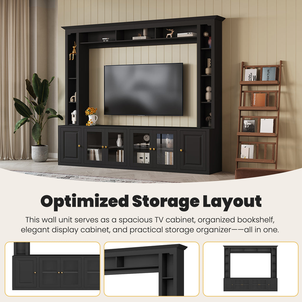 Black entertainment center with bookshelves and glass door cabinets