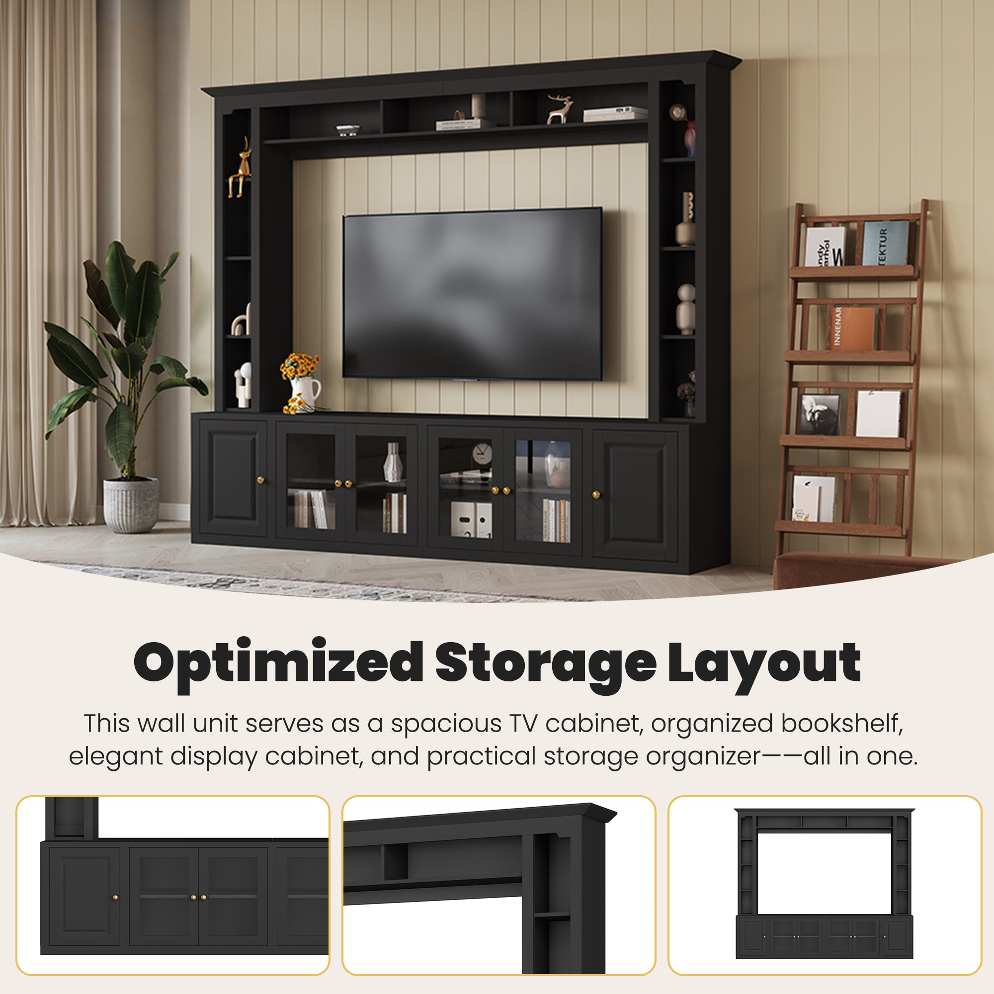 Black entertainment center with bookshelves and glass door cabinets