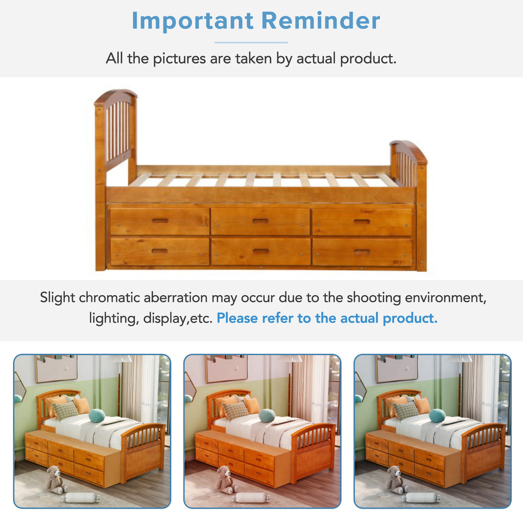 Oak platform bed six drawer storage full view