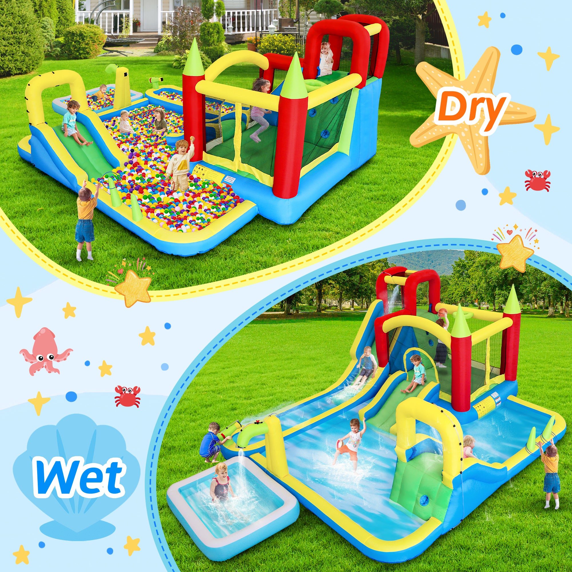 11-in-1 inflatable bounce house with climbing wall and trampoline