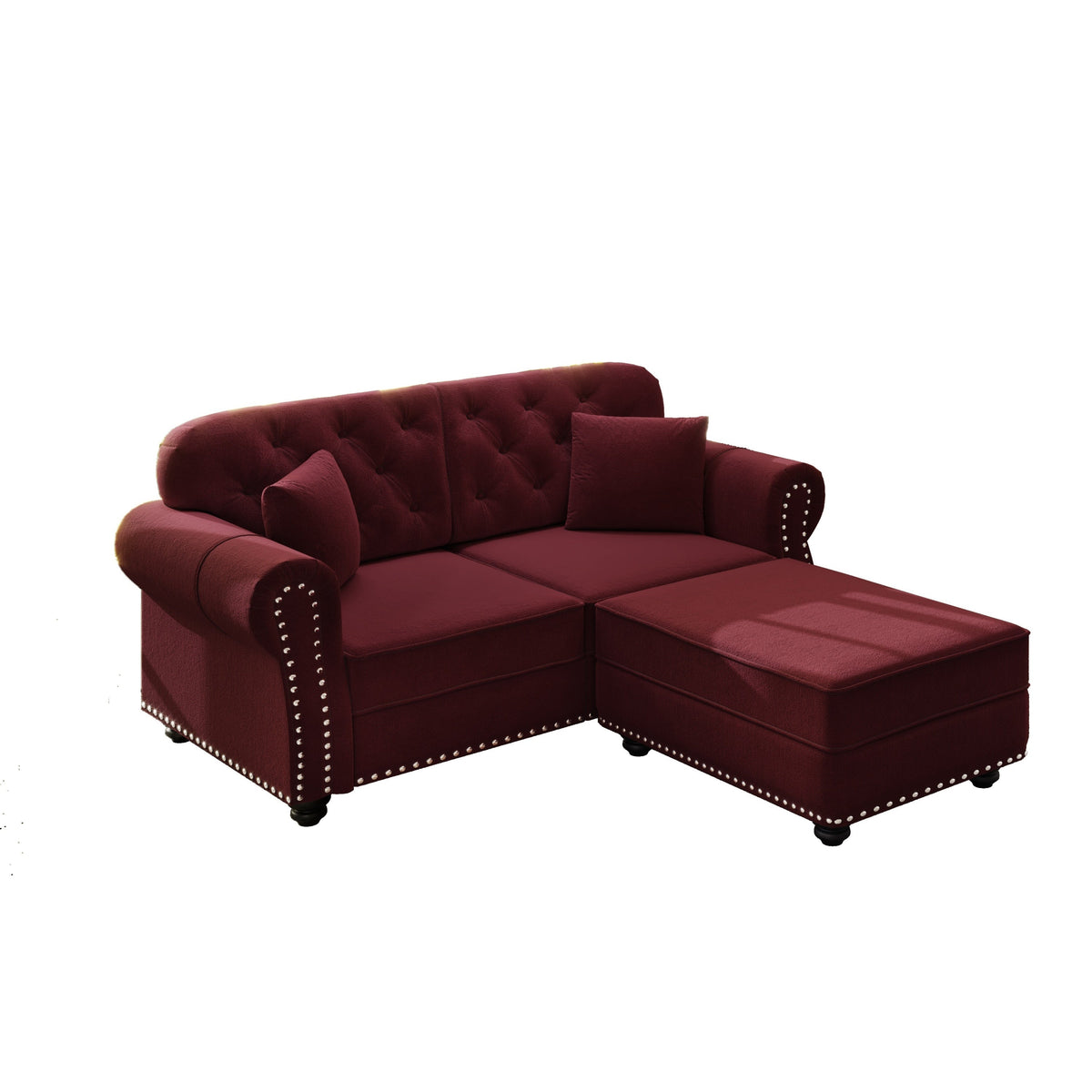 63'Upholstered Velvet Sofa with Nailhead Trim and Rolled Armrests,Mid-Century Modern Chesterfield Sofa with Button Tufted,Includes 2 Pillows,Beige/White