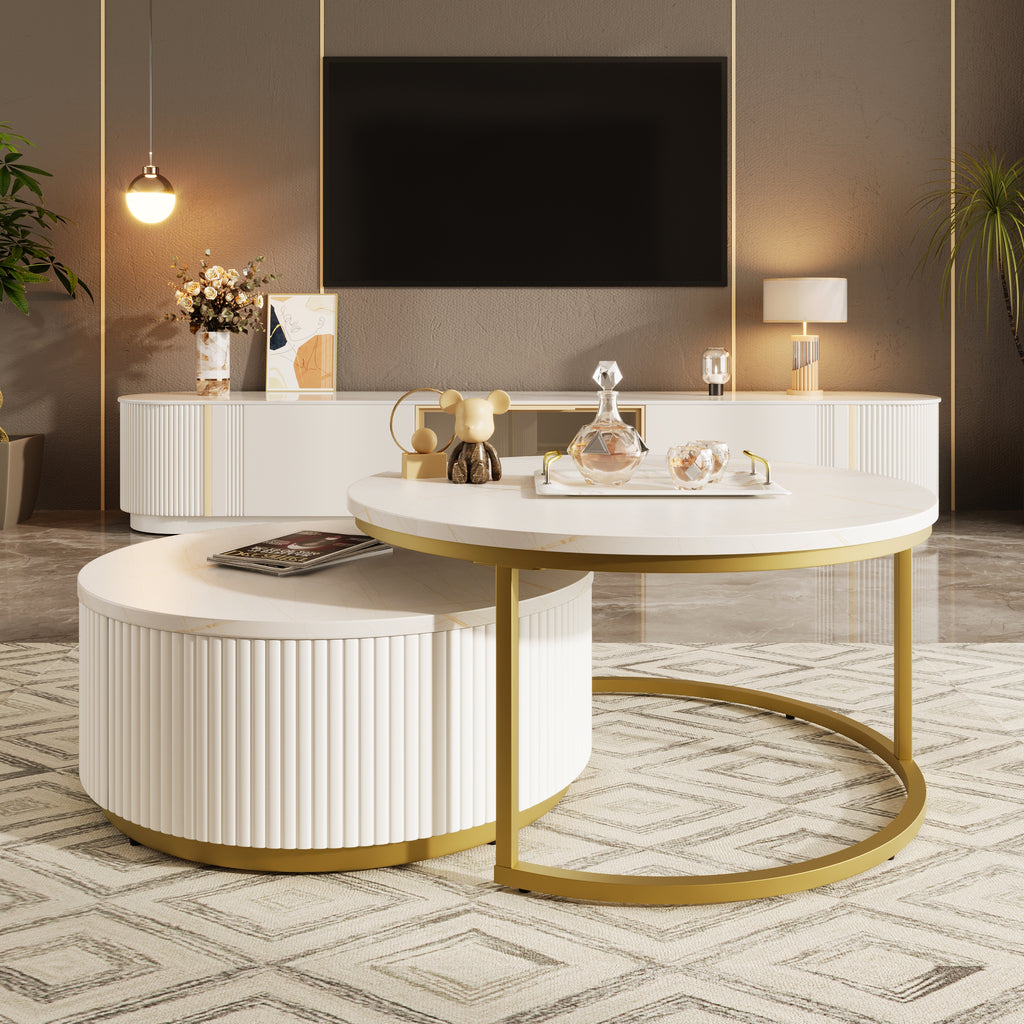 White and gold round nesting coffee table set — front view