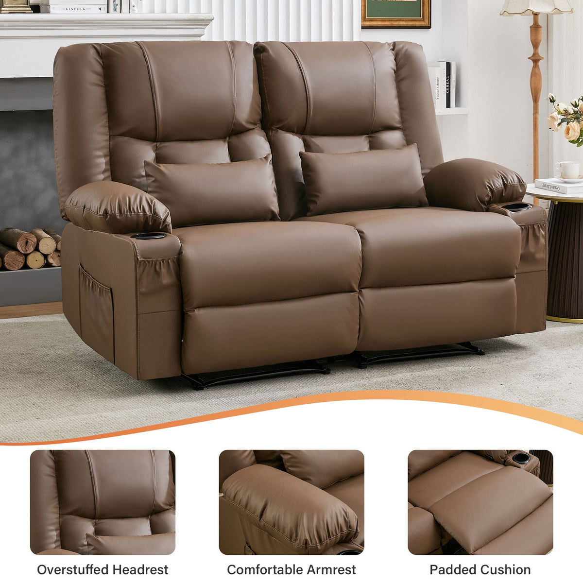 Recliner Loveseat with Massage and Heating for Living Room,Love Seat Manual Oversized Recliner with Cup Holders,Side Pocket for Adult,BLACK