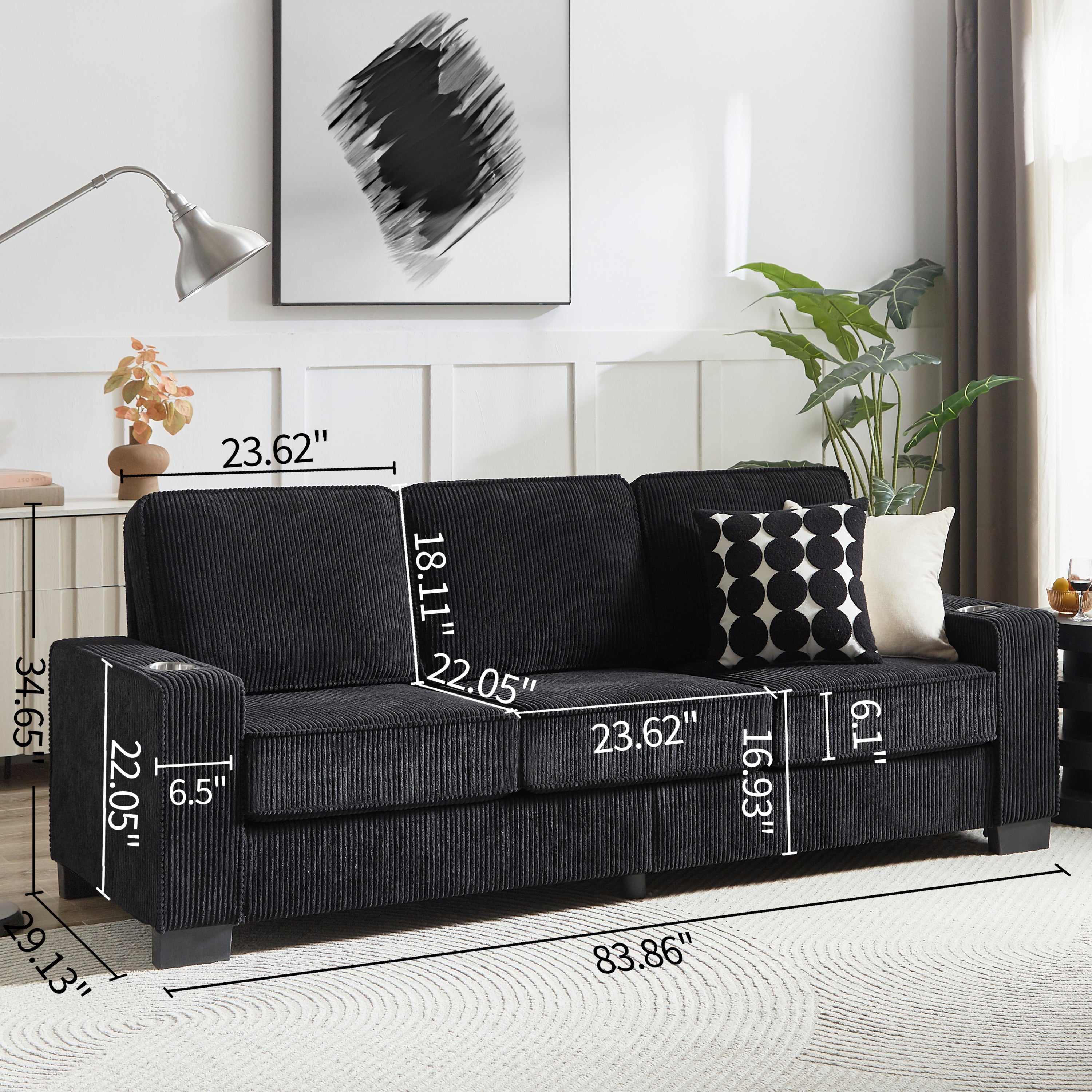 Black corduroy 3-seater sofa dimension diagram 83.86 inch width