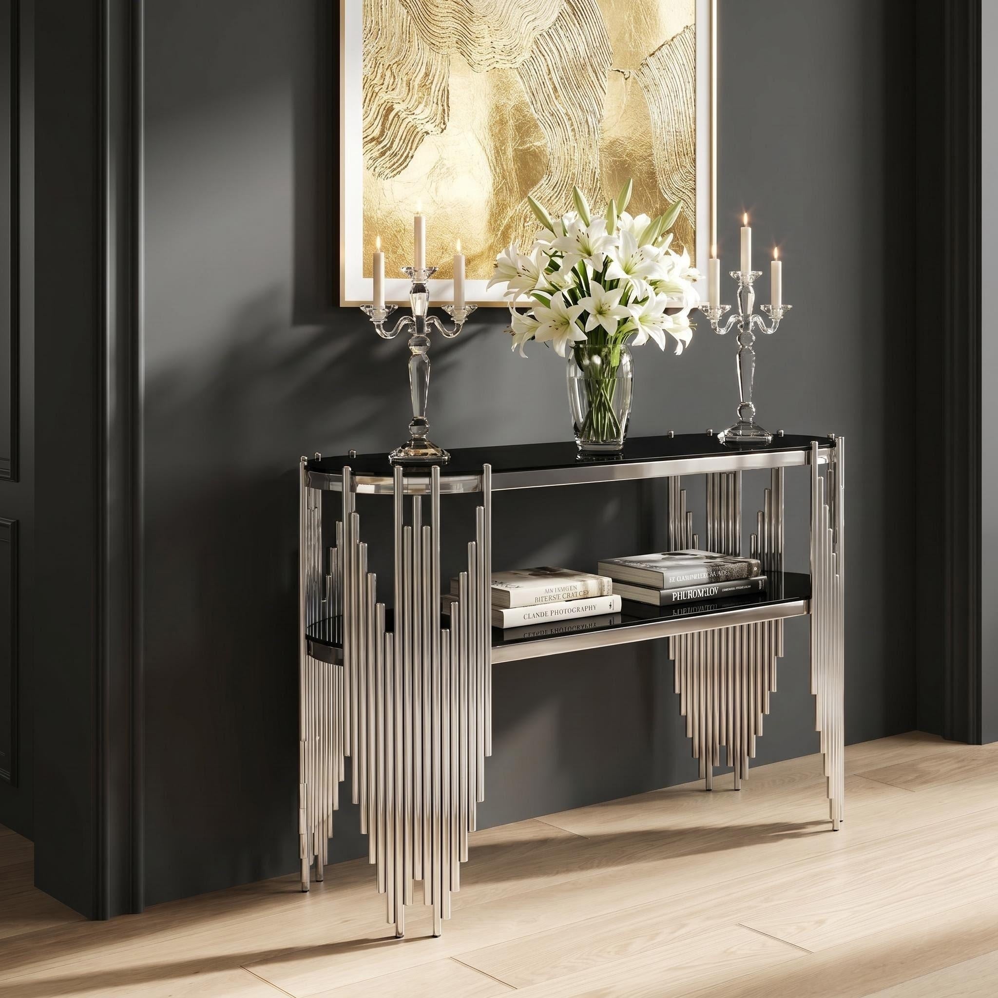 Silver stainless steel console table full product overview