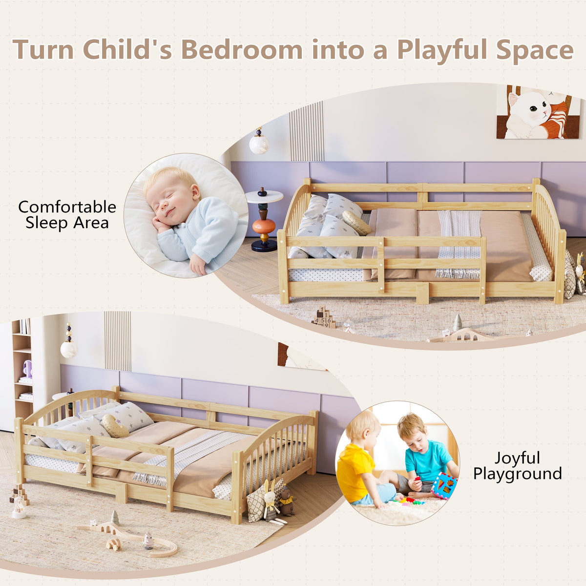 Twin Montessori Floor Bed with Slats and Safety Guardrails, Solid Wood Floor Bed with Fence and Without Door, Easy Assemble Montessori Bed for Girls and Boys, Gray