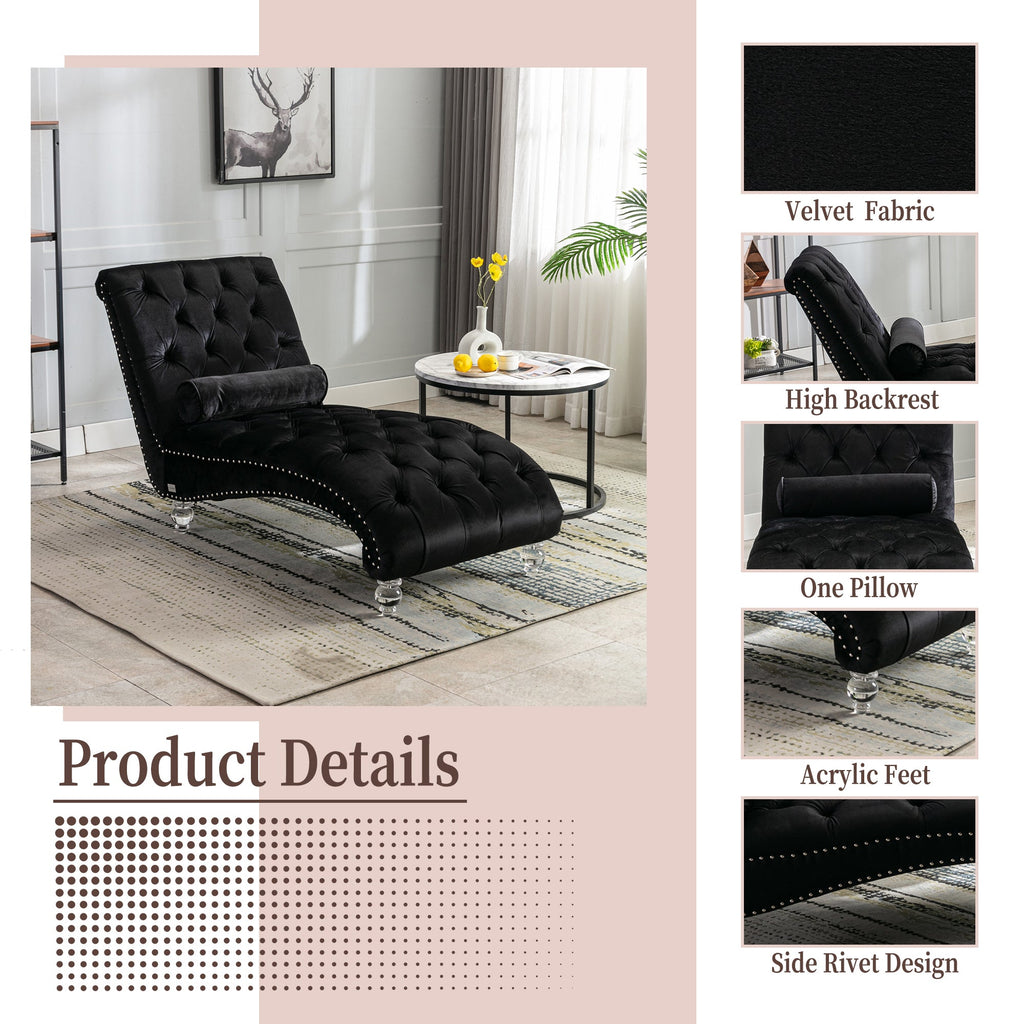 Velvet Chaise Lounge — Button-Tufted with Pillow