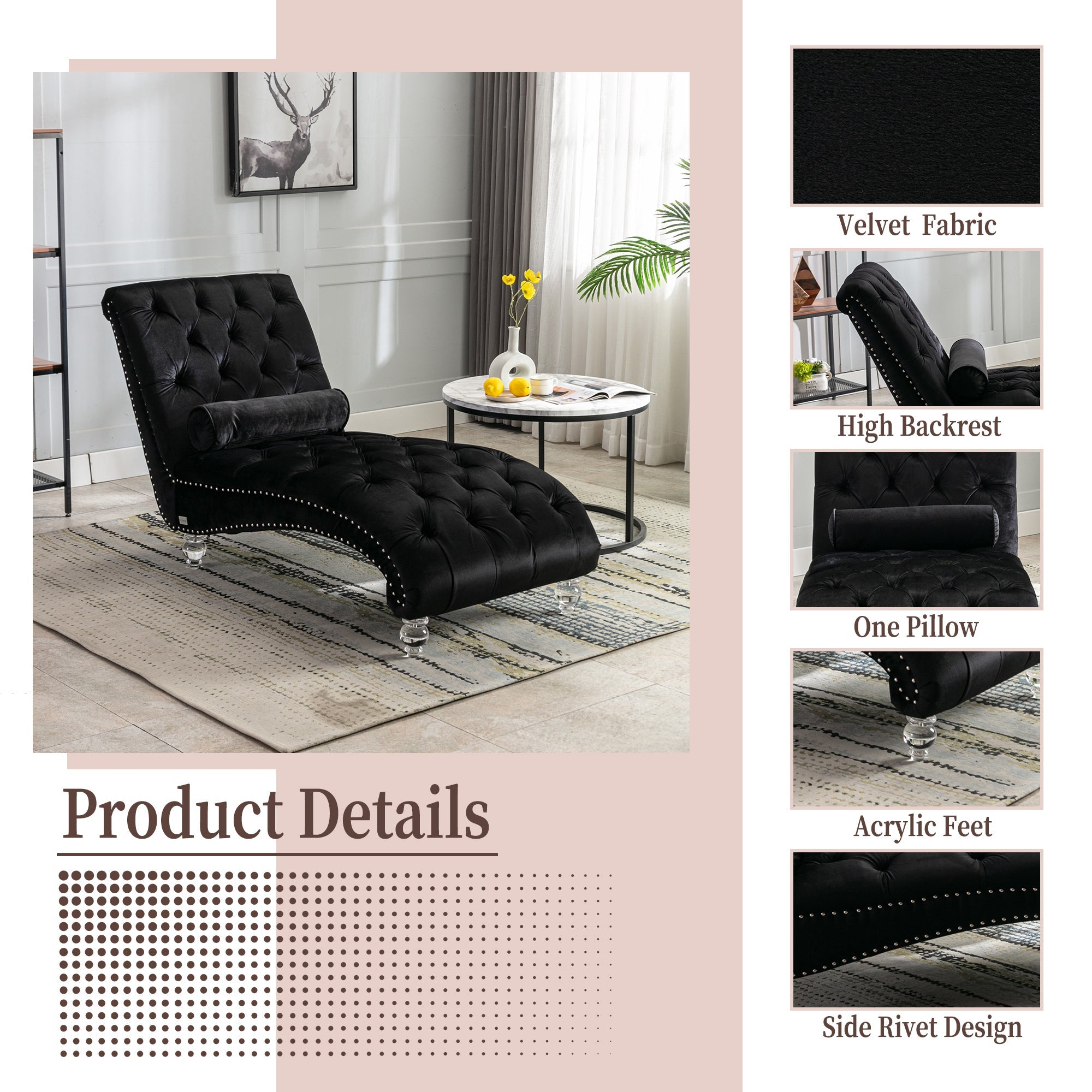 Velvet Chaise Lounge — Button-Tufted with Pillow