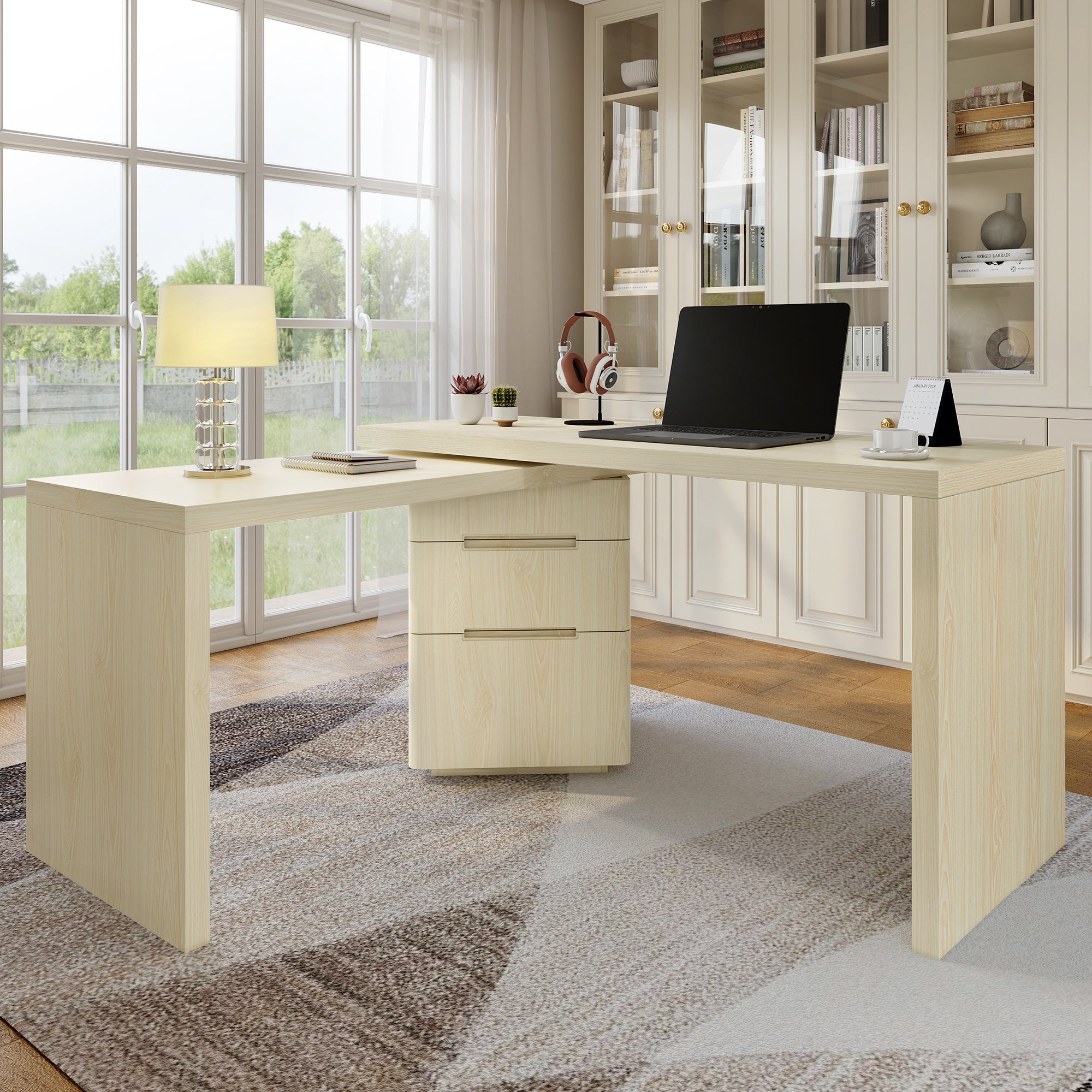 90-inch L-shaped executive desk with drawers — full overview