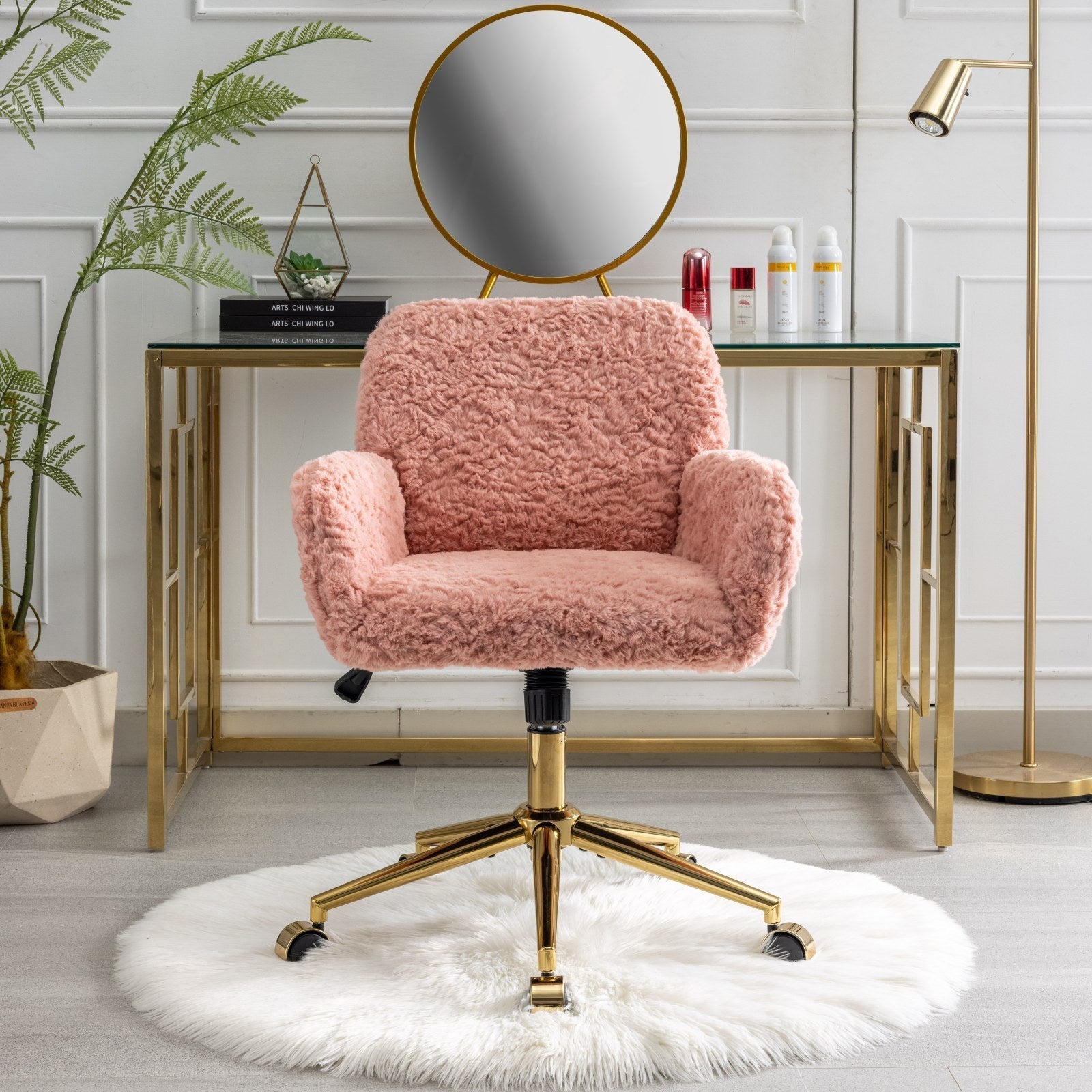 Faux Fur Office Chair — 40° Reclining with Gold Metal Base & Wheels