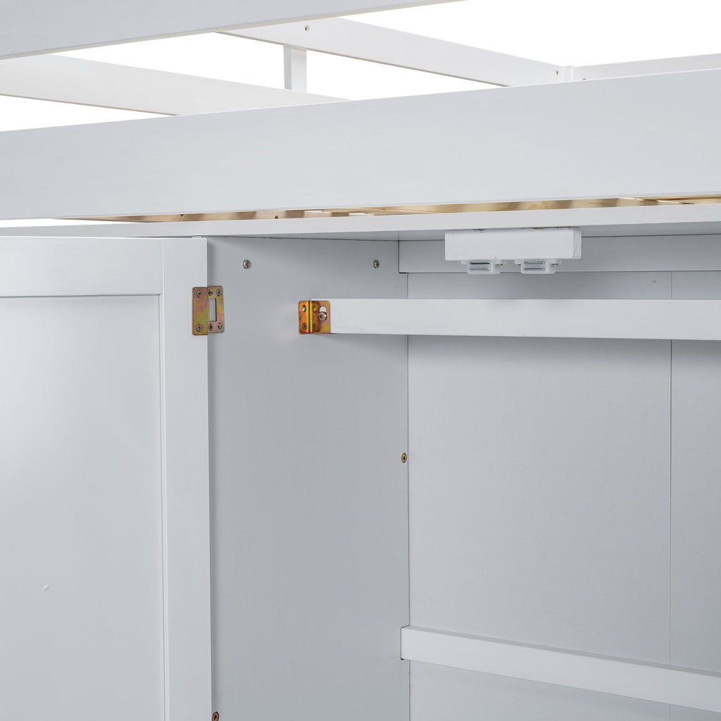 Full Size Loft Bed with Wardrobe, Desk & Storage Drawers — Pine Wood