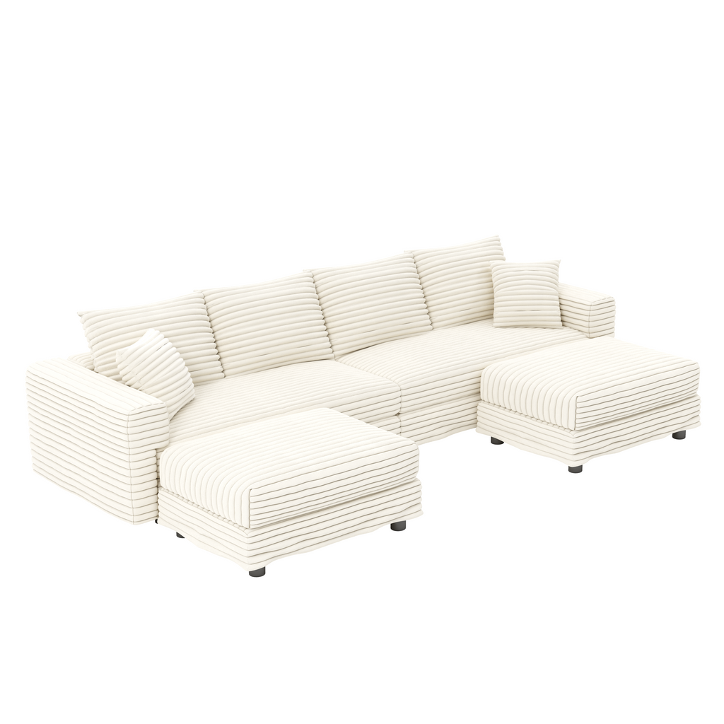 102.4 'Plush Corduroy 4-Seat Sofa,Modern Comfy Upholstered Sofa Cloud Couch,Deep Seat Couches with Soft Pillows and 3 Ottomans,Convertible Sofa Lounge Chair,Black(Old SKU:W1885S00287)