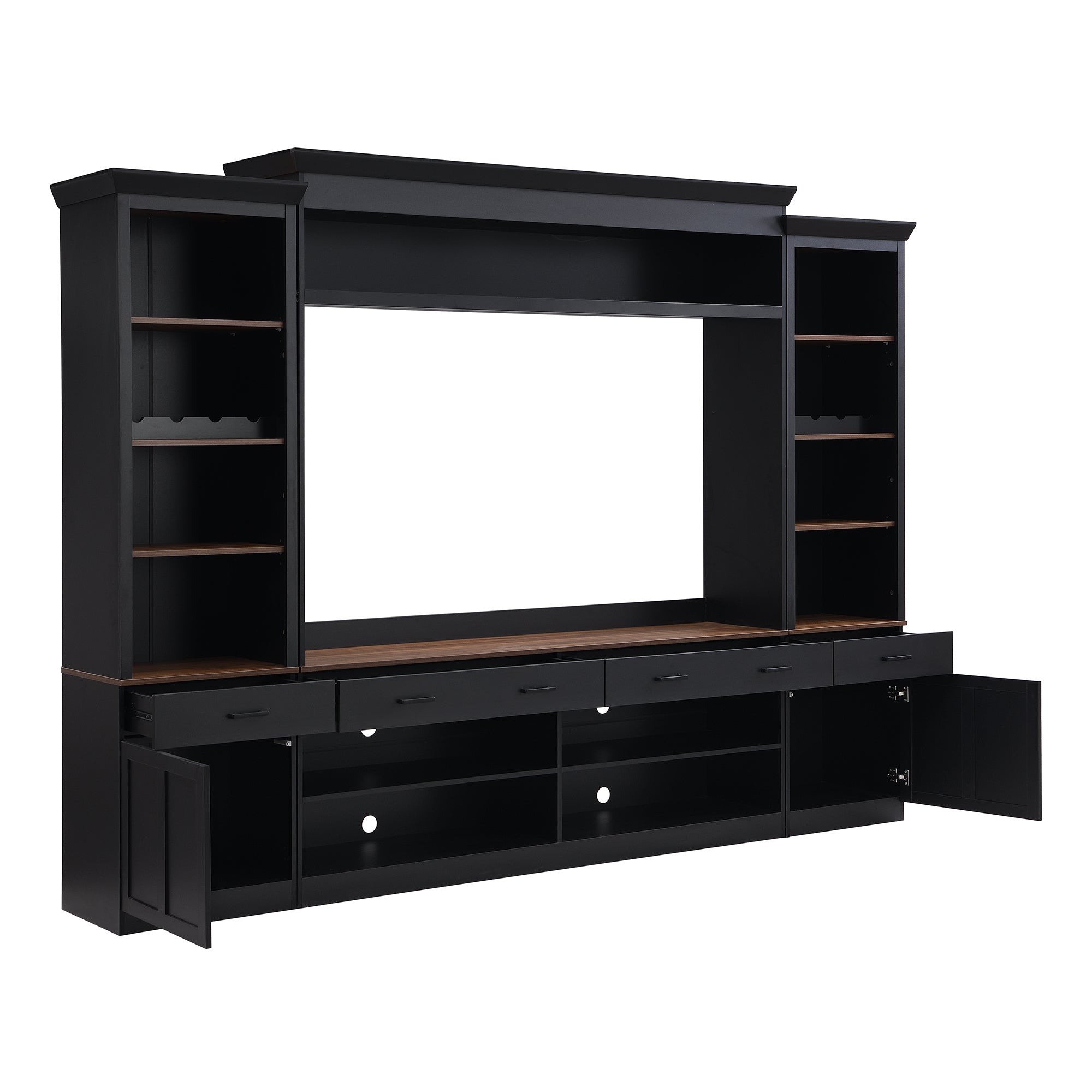 Farmhouse wall unit with cable management holes for media devices