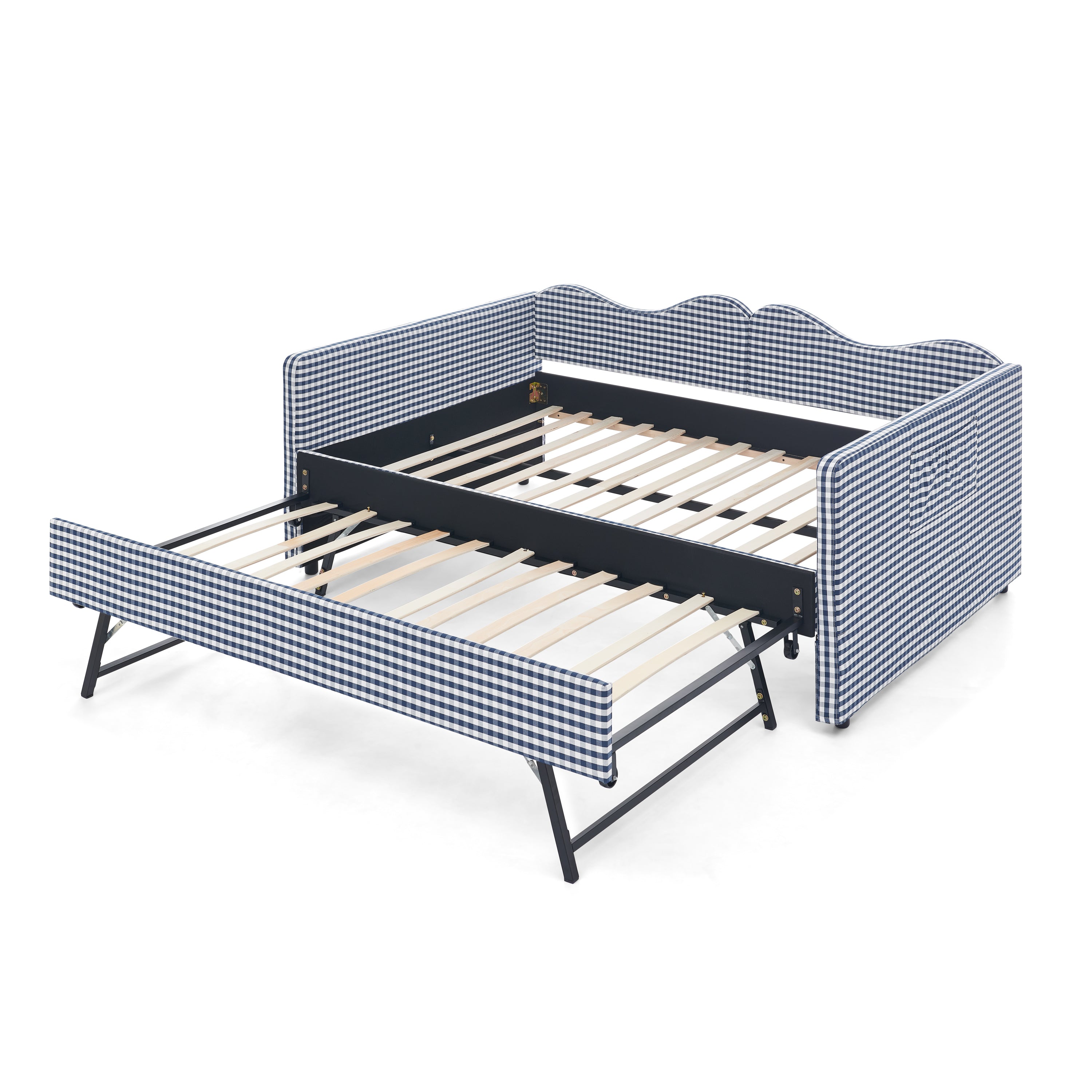 Full‑Size Daybed,Gingham Upholstered Daybed Equipped with Pull-Out Trundle Bed Frame & Side Storage Pocket, Solid Wood Frame Multi-Functional Sofa Bed for Kids Room & Guest Bedroom-PINK
