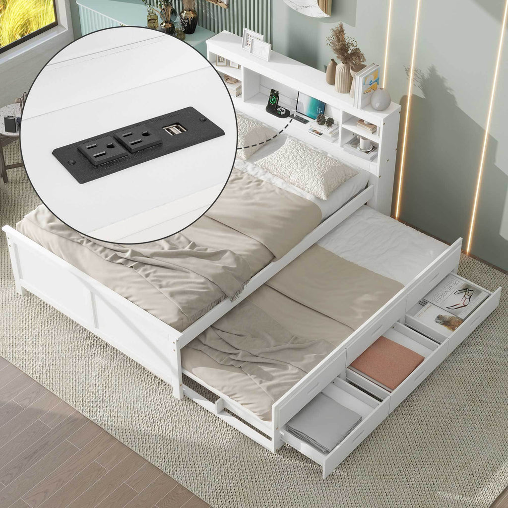 White full size bed with 3 under-bed drawers