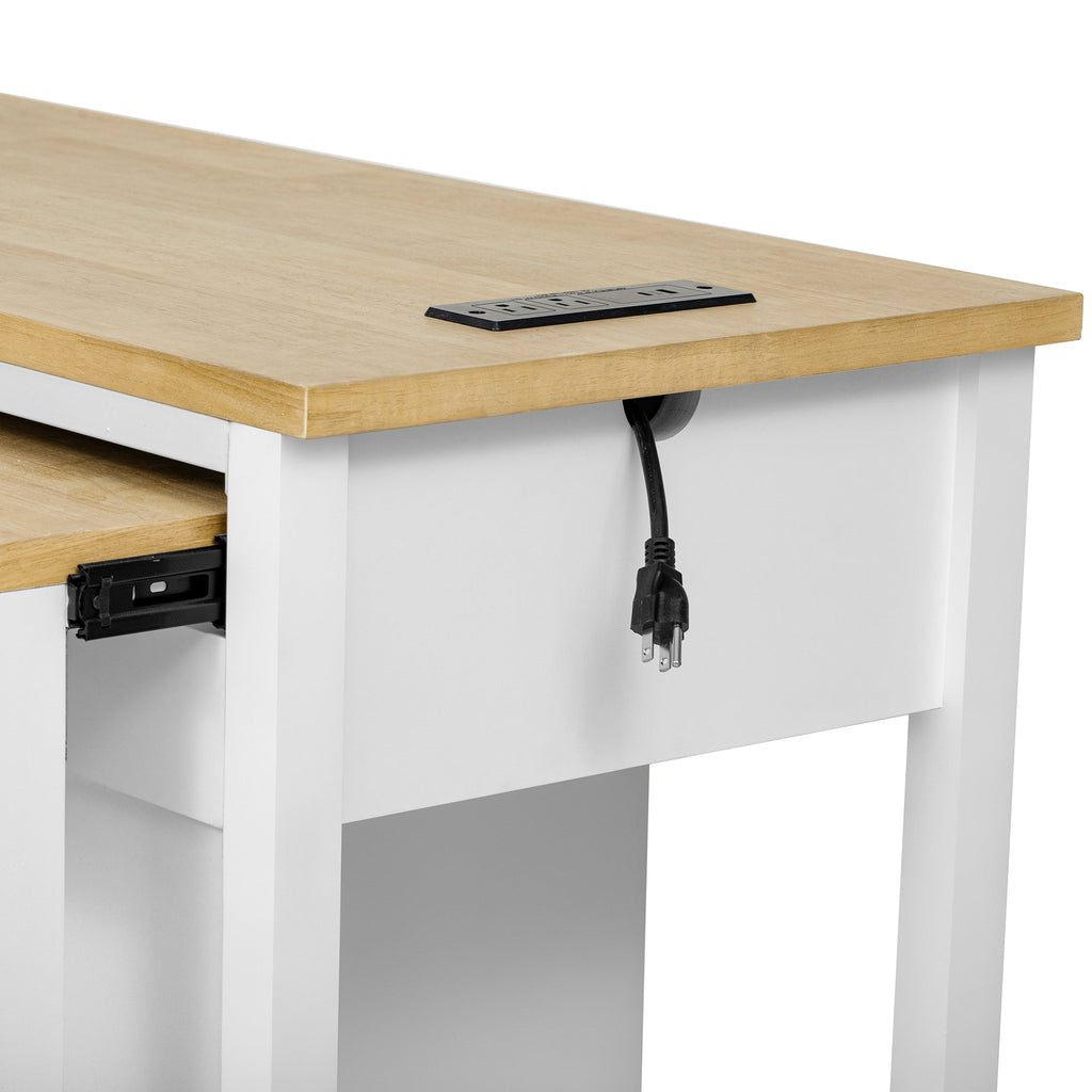 K&K 47 inch Kitchen Island with Extendable Dining Table, Rubber Wood Veneer Kitchen Table with Internal Storage Rack, Power Outlet, Kitchen island with Storage 2 Drawers 2 Cabinet, Black
