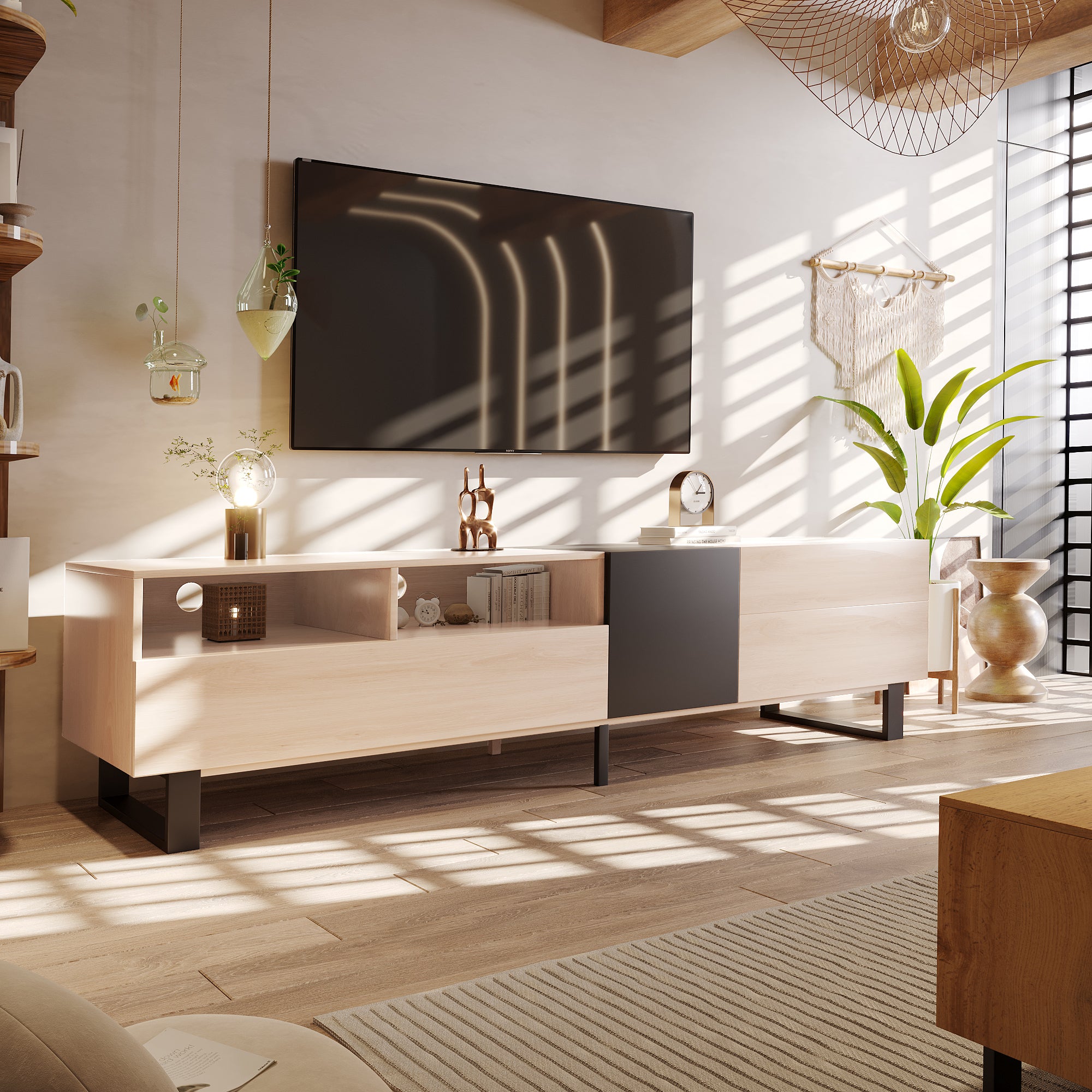 Modern natural wood media console for TVs up to 80 inches