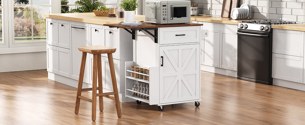 K&K 39.3' Farmhouse Kitchen Island with Drop Leaf, Kitchen Storage Island with Open Side Rack, One Drawer, Towel Rack, Rolling Kitchen Cart with Lockable Wheels for Lawn Garden, Black