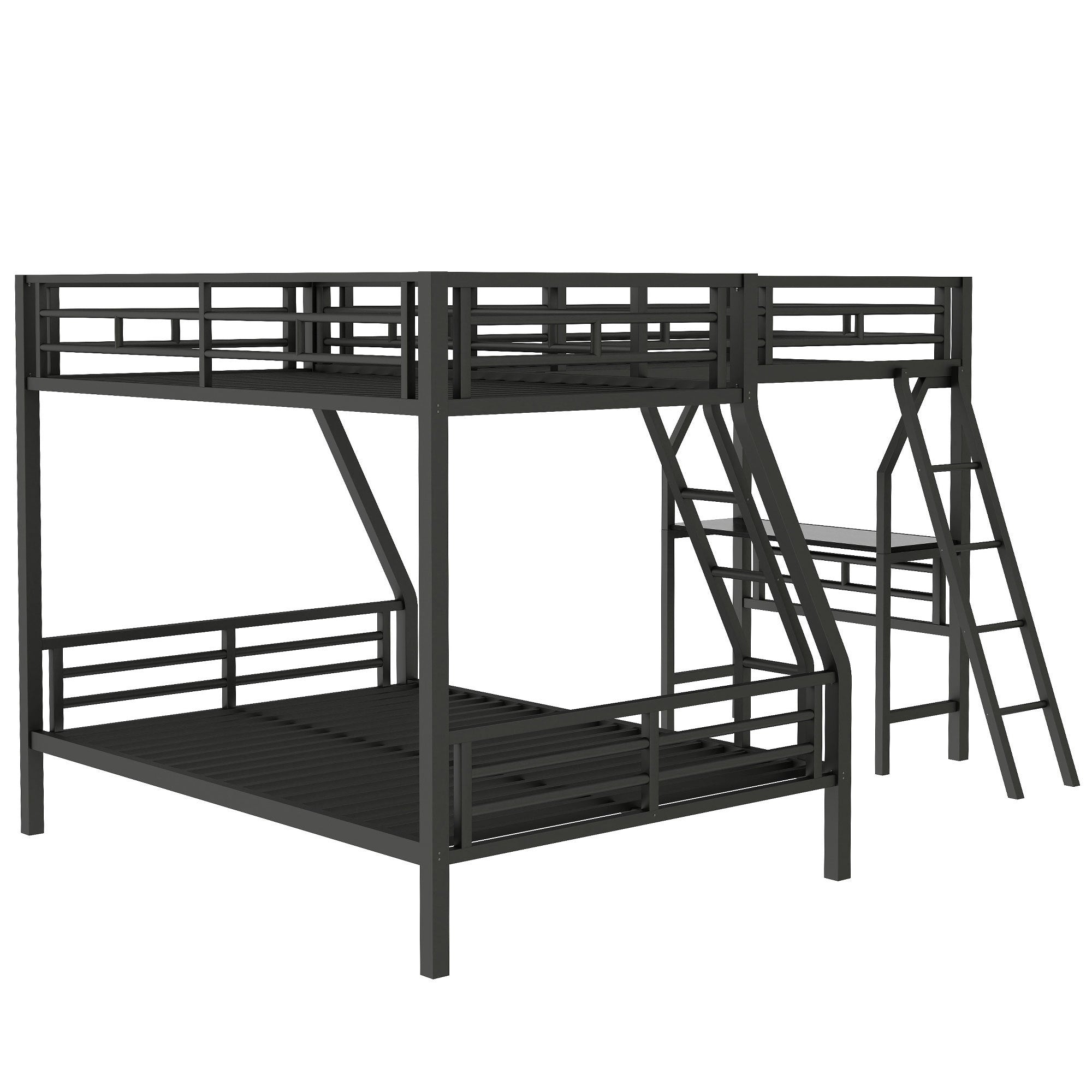Black L-shaped twin over full bunk bed with loft desk slide — lifestyle photo