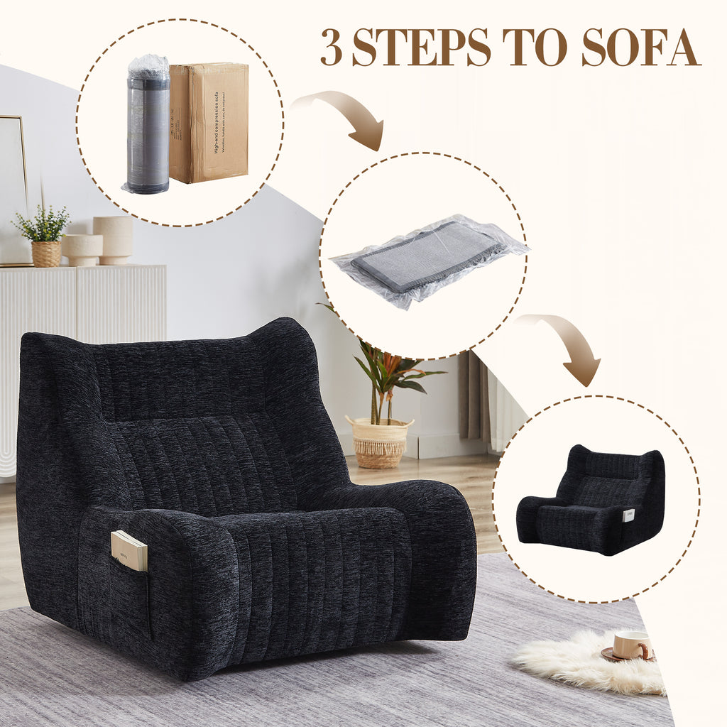 Oversized bean bag floor sofa wingback armrests angle view