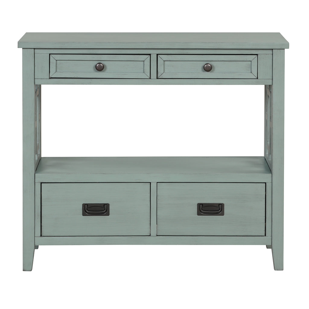 Console table four drawer storage retro blue detail