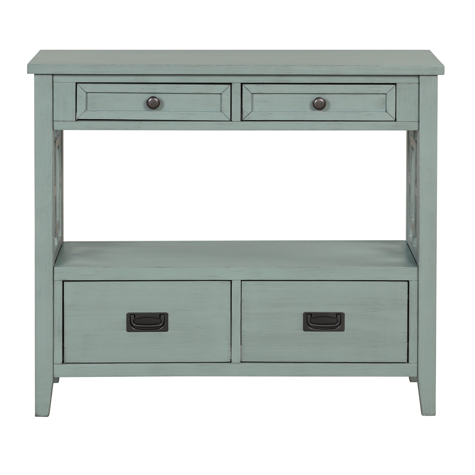 Console table four drawer storage retro blue detail