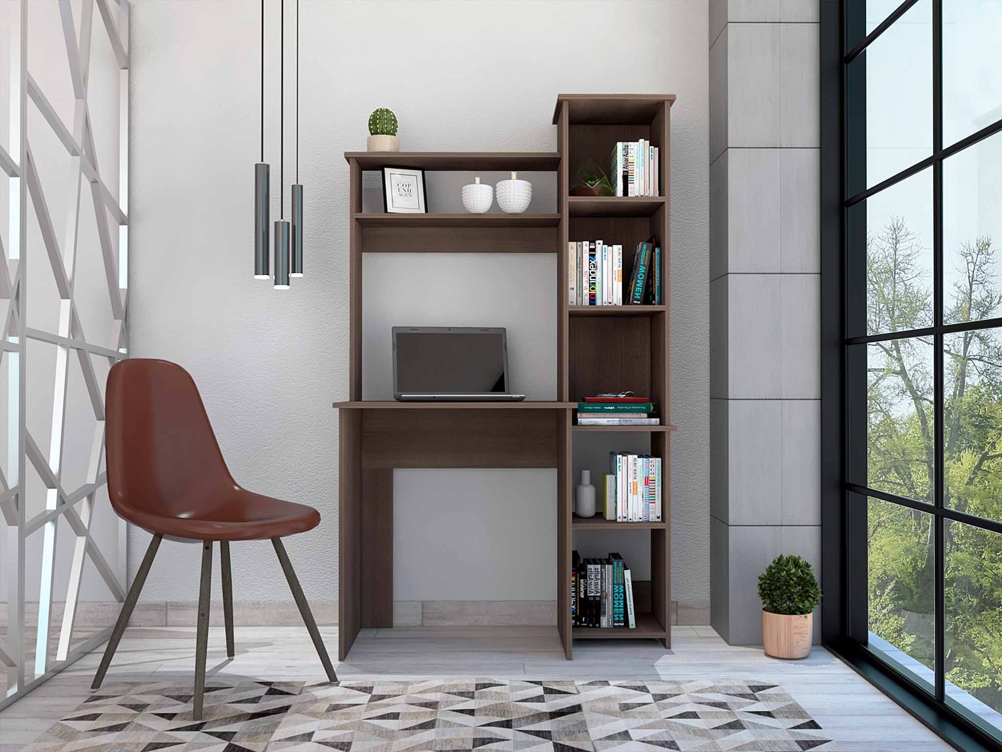 Smokey oak writing desk with built-in bookcase — front view