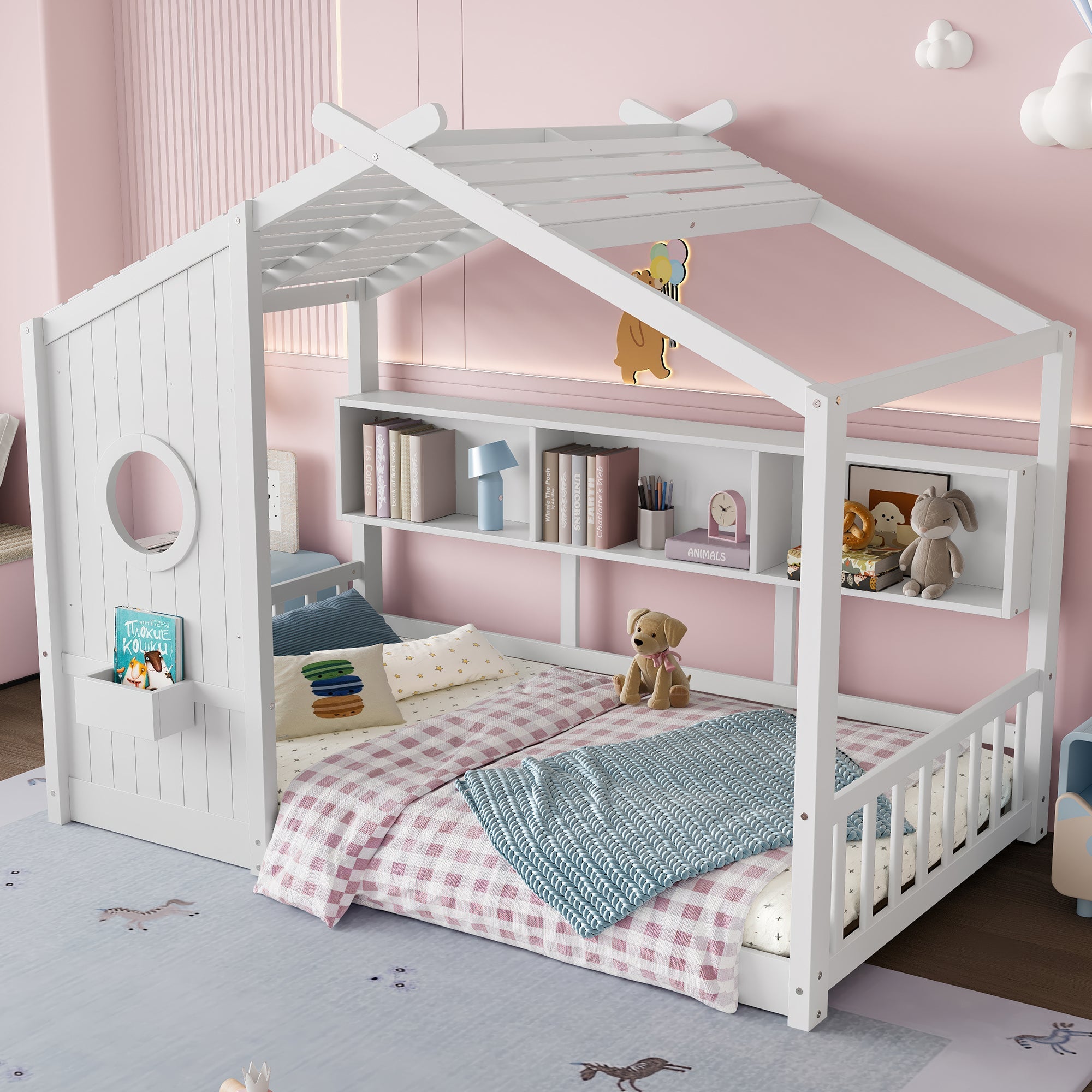 Twin Size Floor House Bed for Toddler, Kids Montessori Bed with Storage Shelf, Playhouse Bed with Roof Design, Gray