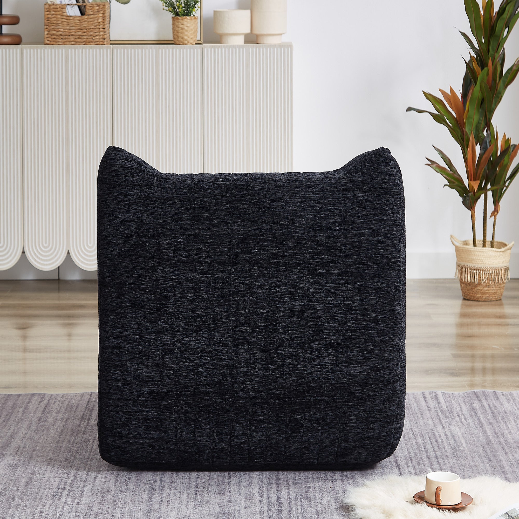 Black chenille lazy sofa gaming chair side profile