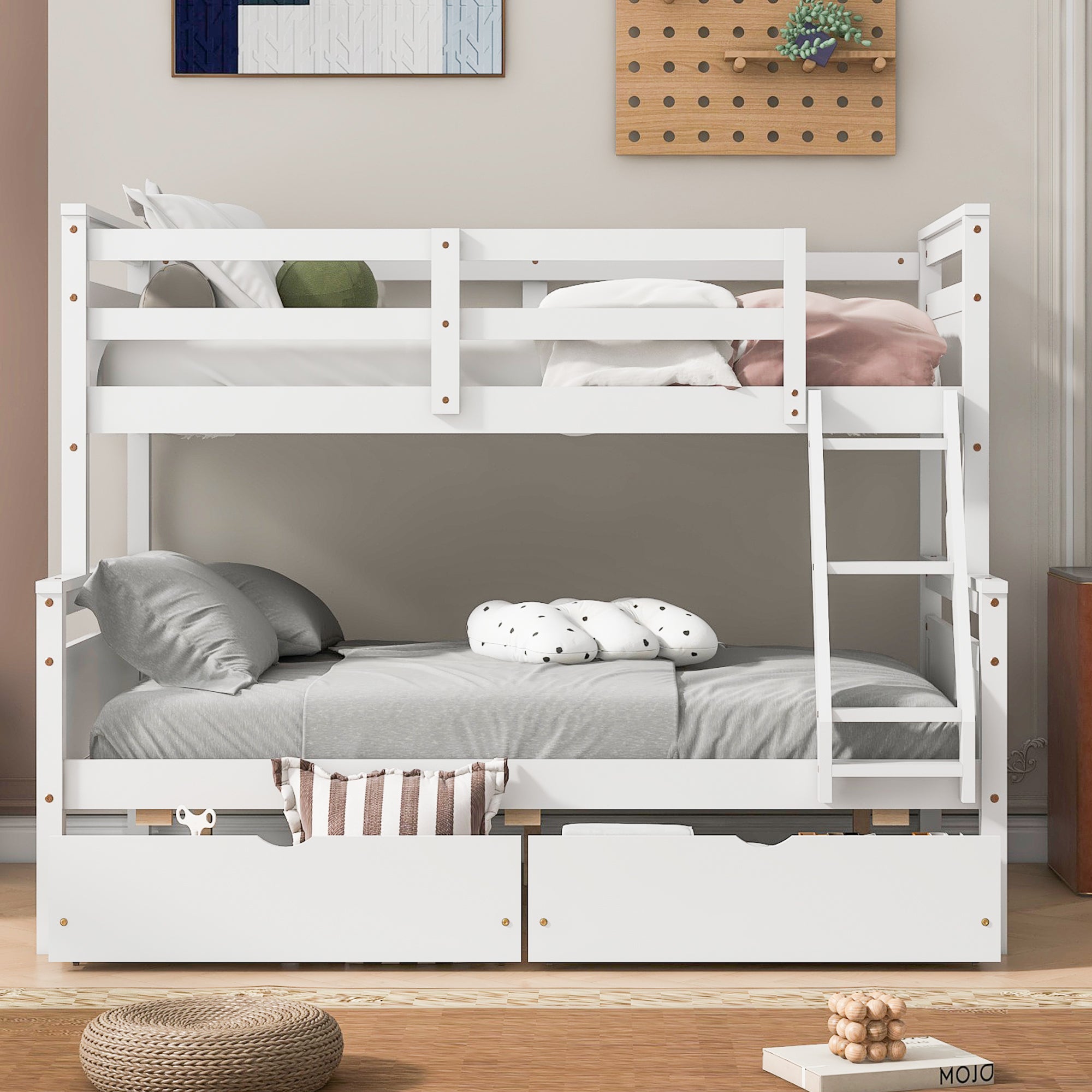 White bunk bed with two under-bed storage drawers