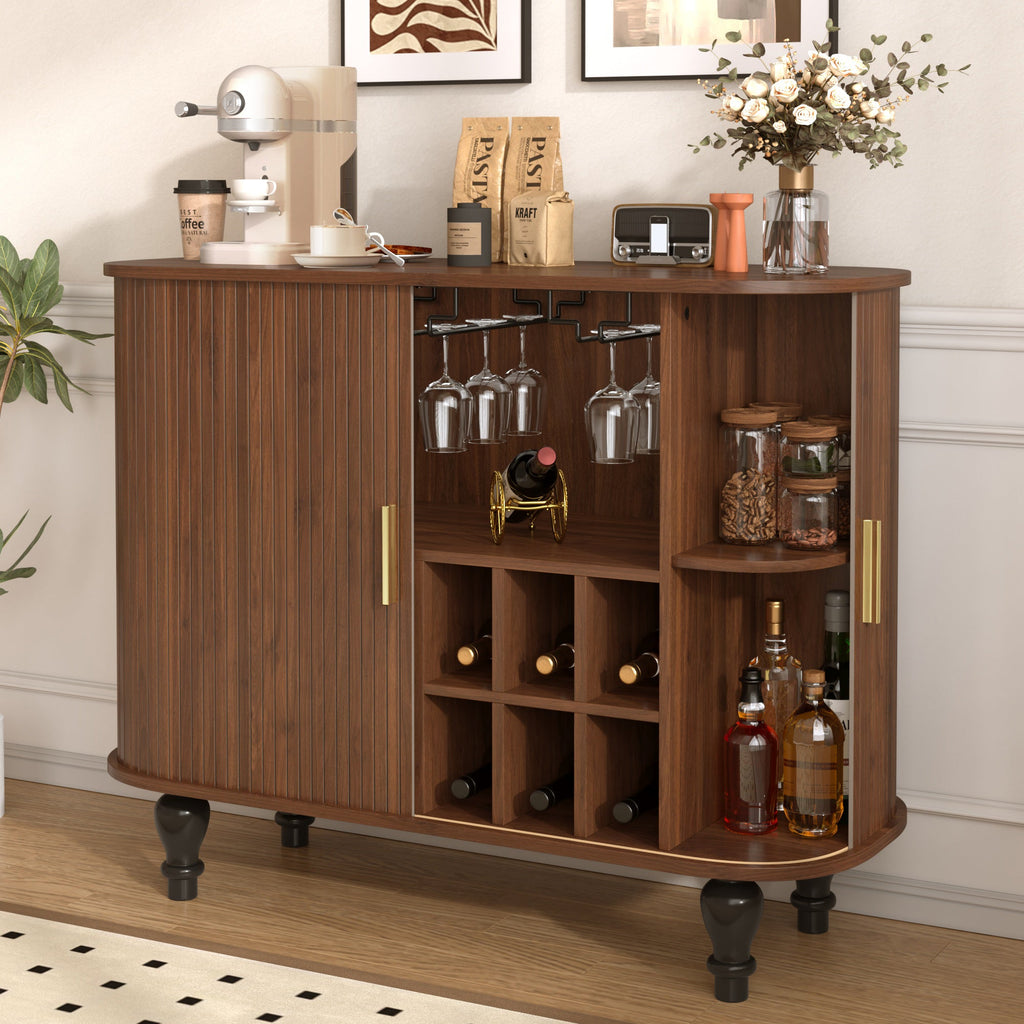 39' Fluted Liquor & Coffee Bar Cabinet with 6 Wine Racks and 3 Glass Holders, Mid-Century Modern Bar Cabinet with A Large Storage Drawer ,4 Hidden Storage Space on the Side , Black