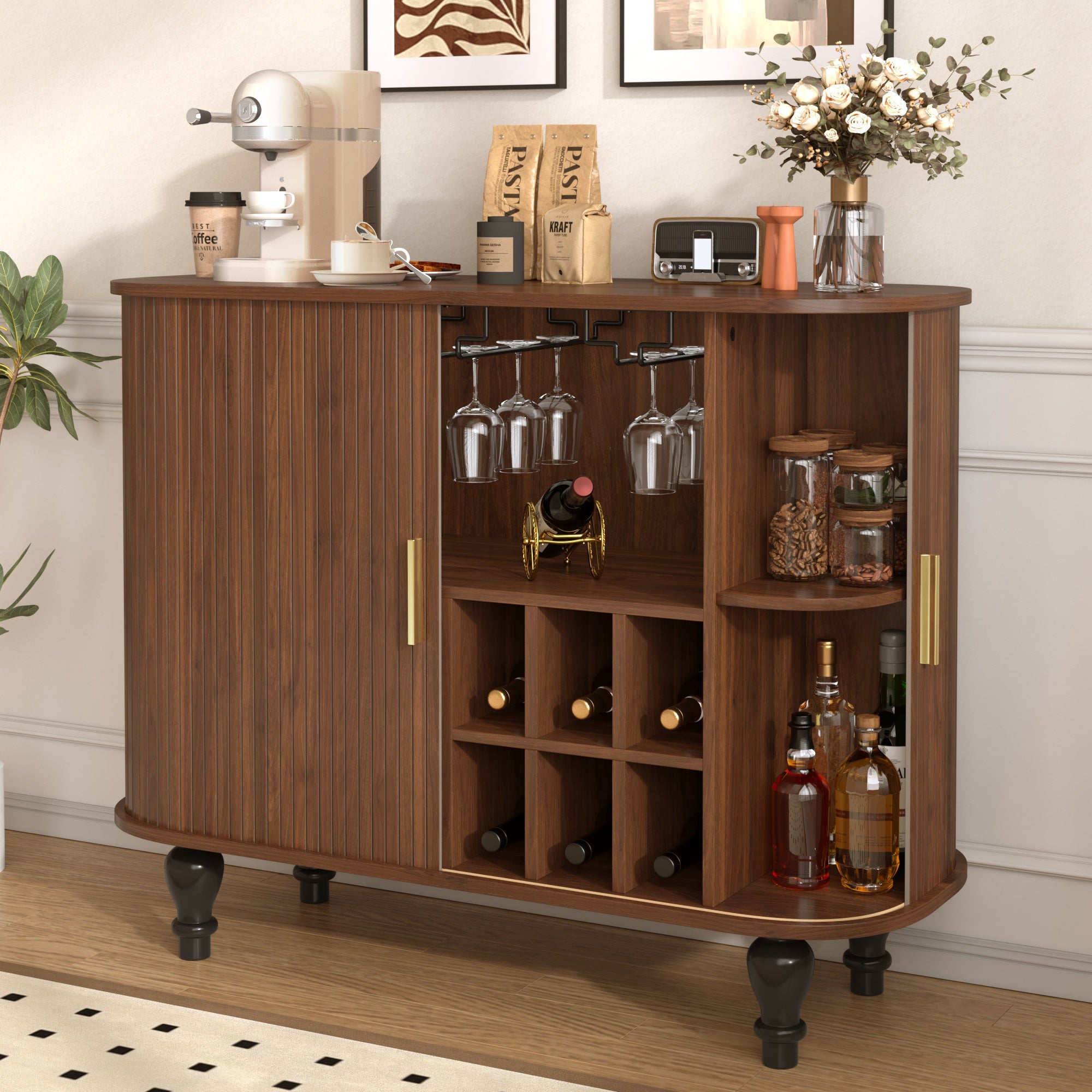 39' Fluted Liquor & Coffee Bar Cabinet with 6 Wine Racks and 3 Glass Holders, Mid-Century Modern Bar Cabinet with A Large Storage Drawer ,4 Hidden Storage Space on the Side , Black