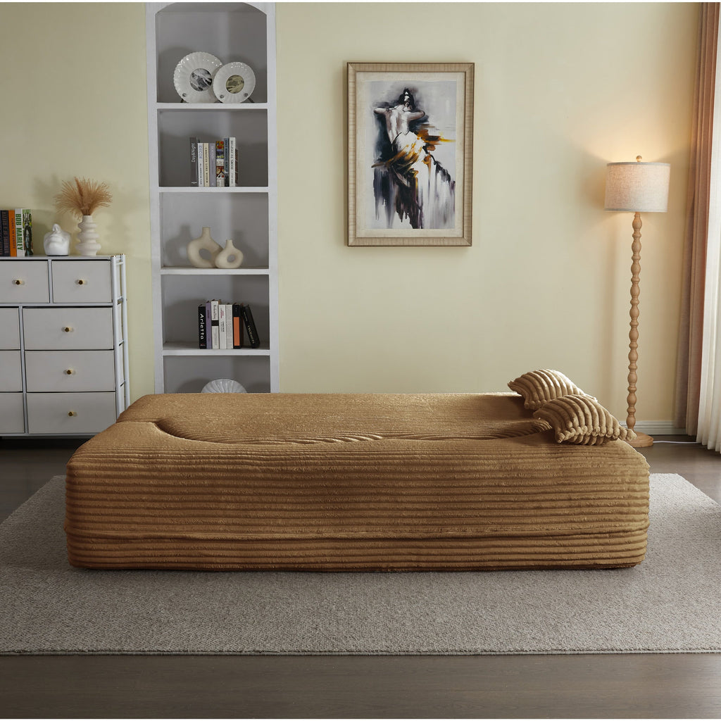Modern Floor Sofa with 2 Pillows, Convertible Plush Corduroy Foam-Filled Sleeper Sofa Bed,15 ' Full Size Folding Mattress for Living Room, Guest Bed, no assembly required, Light Grey
