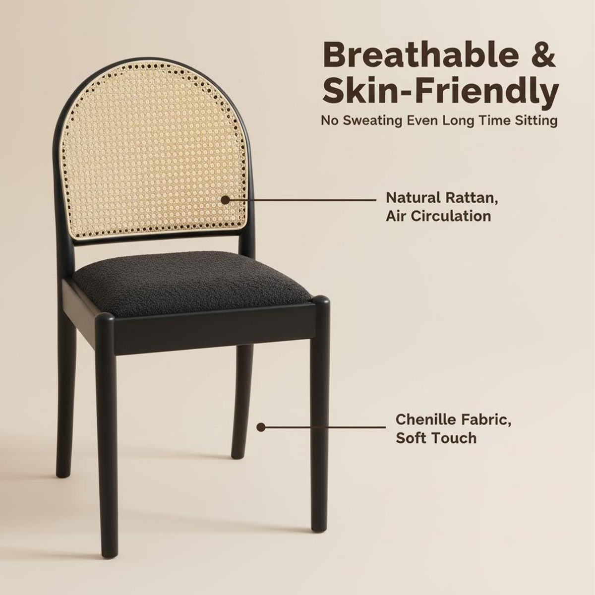 Rattan Dining Chairs Set of 2, Upholstered Linen Dining Room Chairs with Backrests, Modern Kitchen Chairs with Wood Legs for Dining Room, Beige