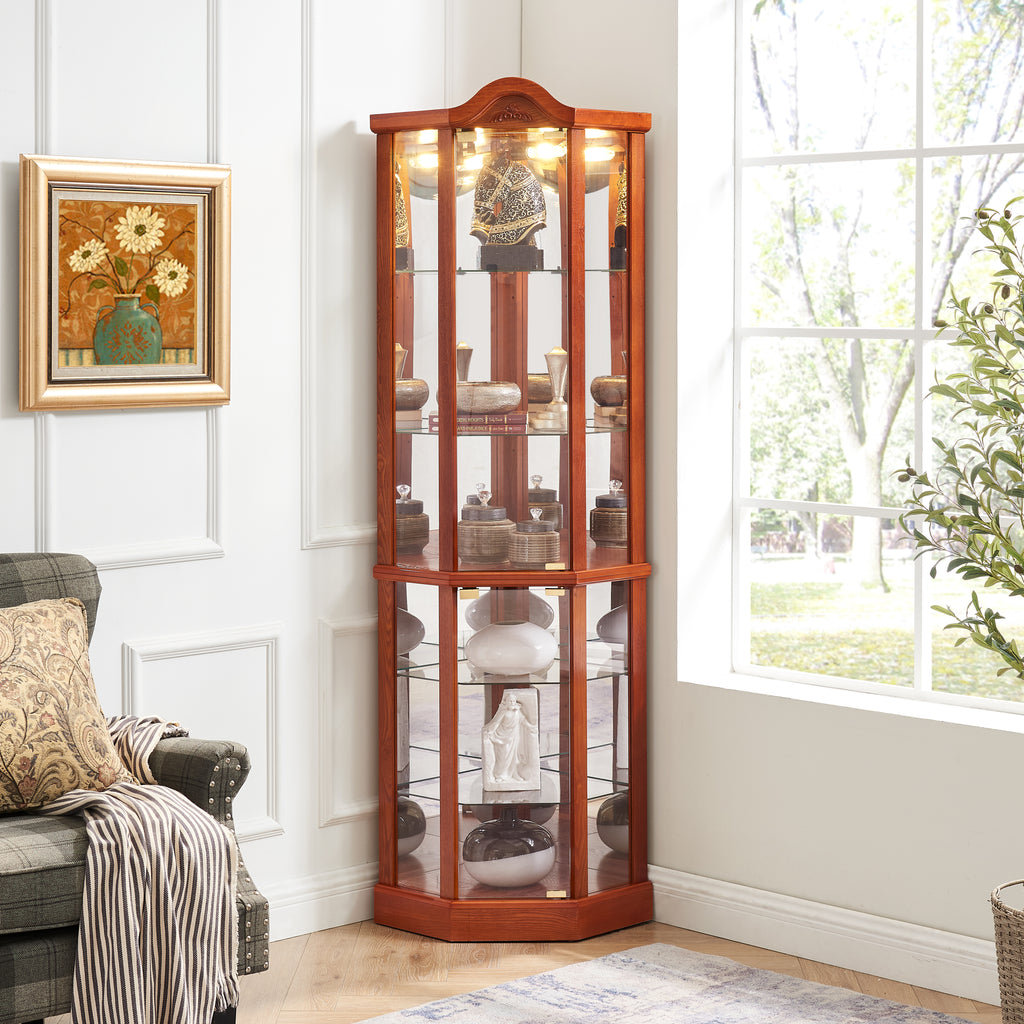 Lighted corner glass cabinet with adjustable shelves full view