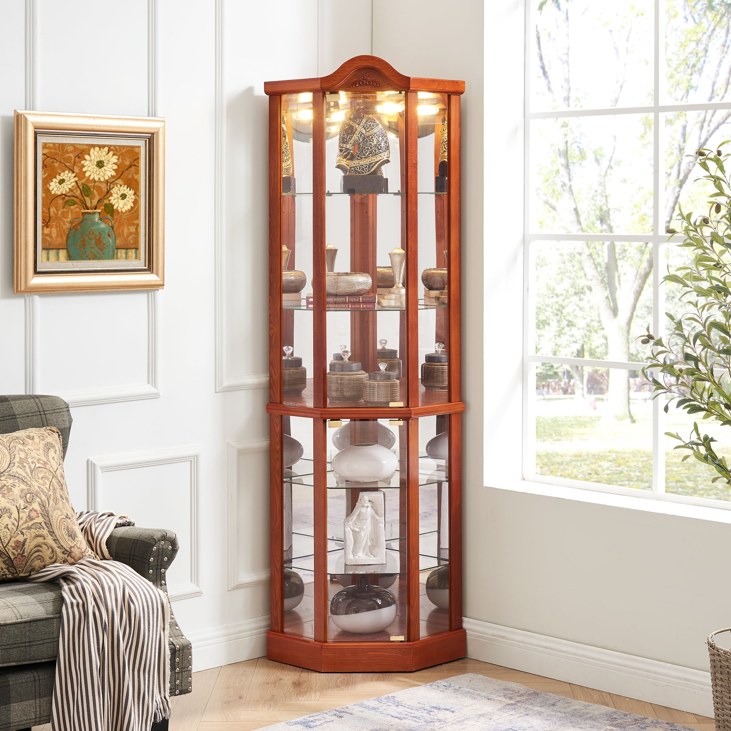 Lighted corner glass cabinet with adjustable shelves full view