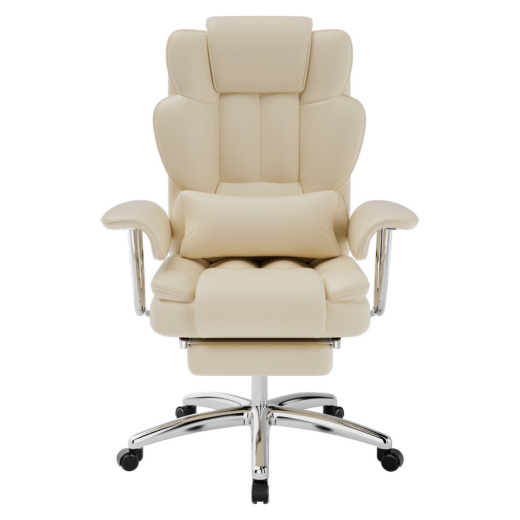 Beige executive office chair with footrest — front view