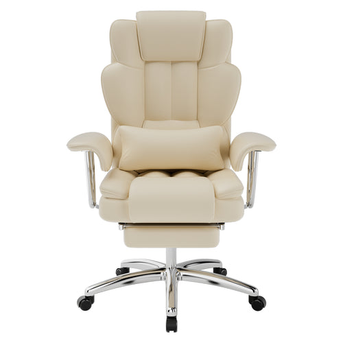 Beige executive office chair with footrest — front view